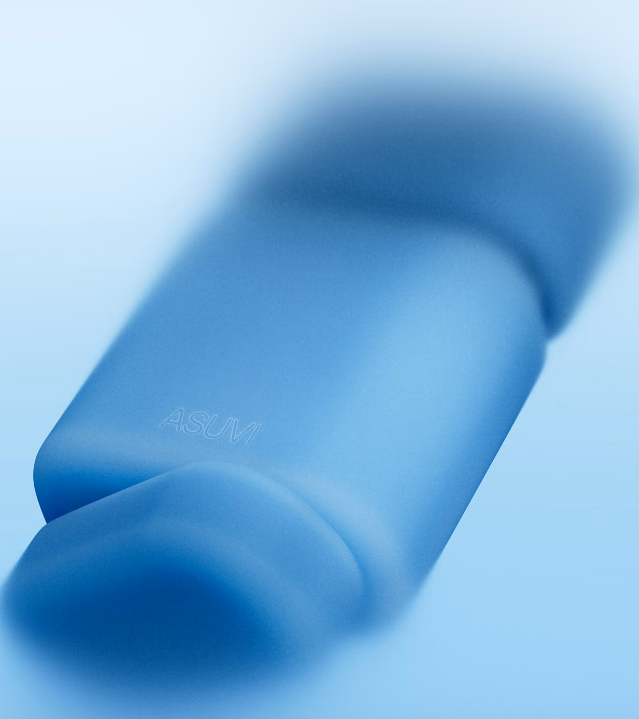 Close-up of a translucent blue ASUVI device with rounded edges on a blue background.