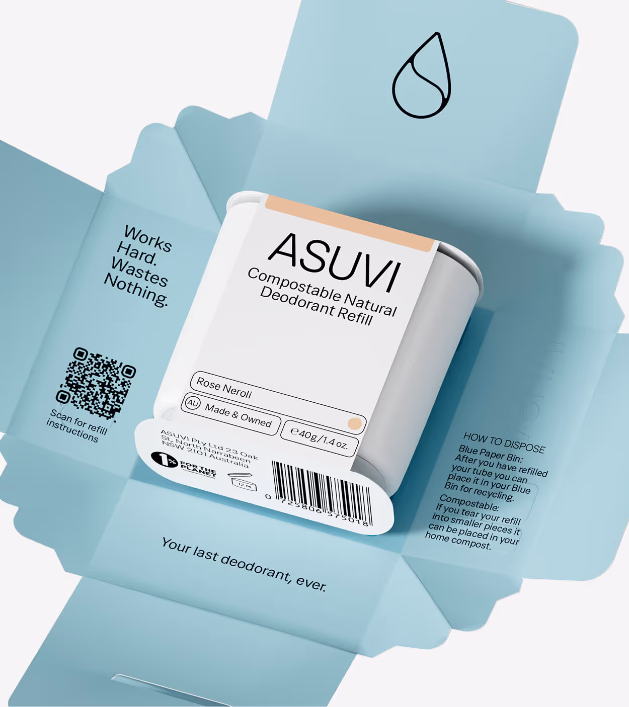 Flatlay of ASUVI compostable natural deodorant refill in Rose Neroli scent with packaging showing disposal instructions and slogan 'Works Hard. Wastes Nothing.'