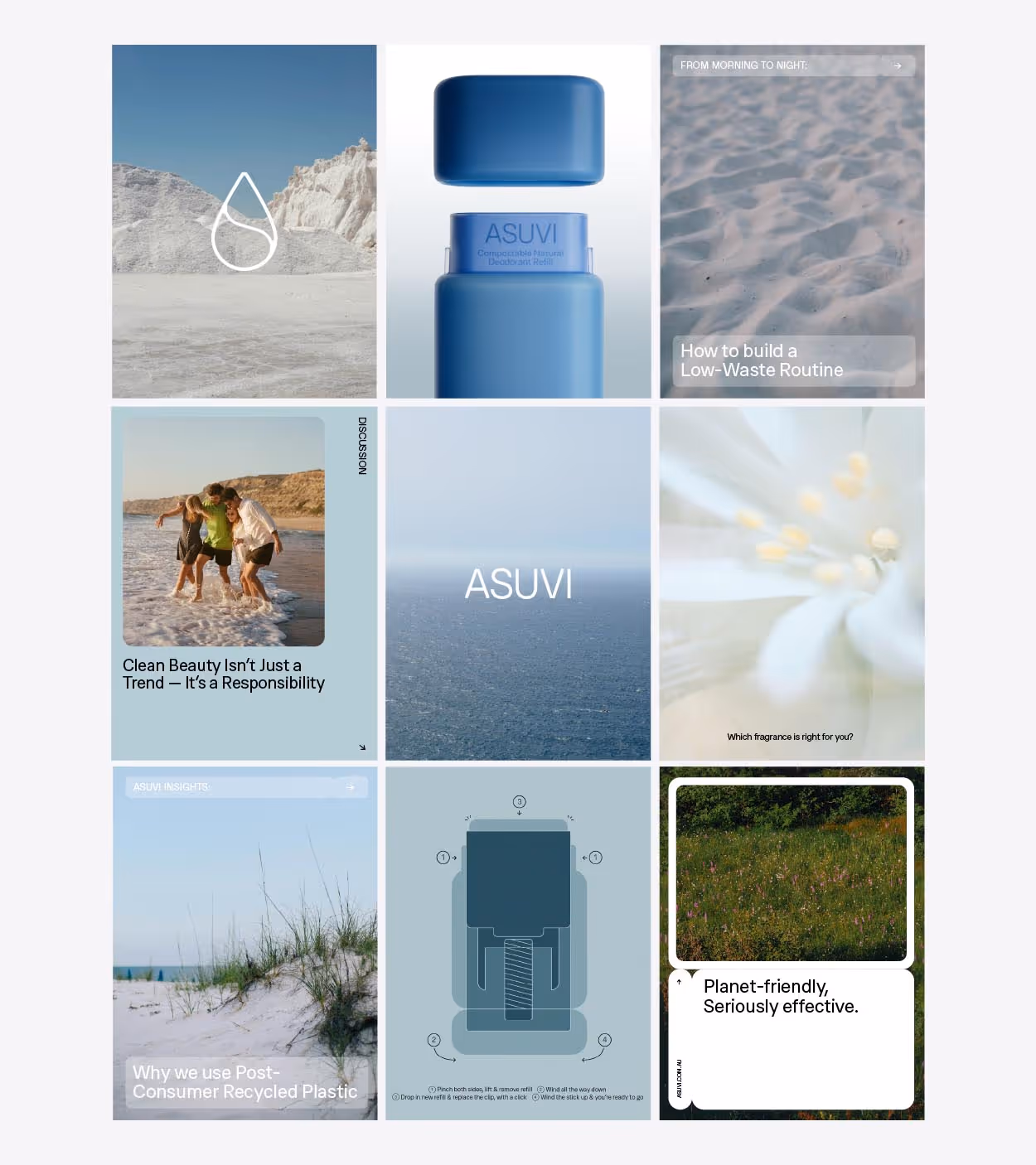 Grid layout showing ASUVI brand elements including a blue deodorant container, ocean view, people on beach, flower close-up, and text about clean beauty, recycled plastic, low-waste routine, and planet-friendly effectiveness.