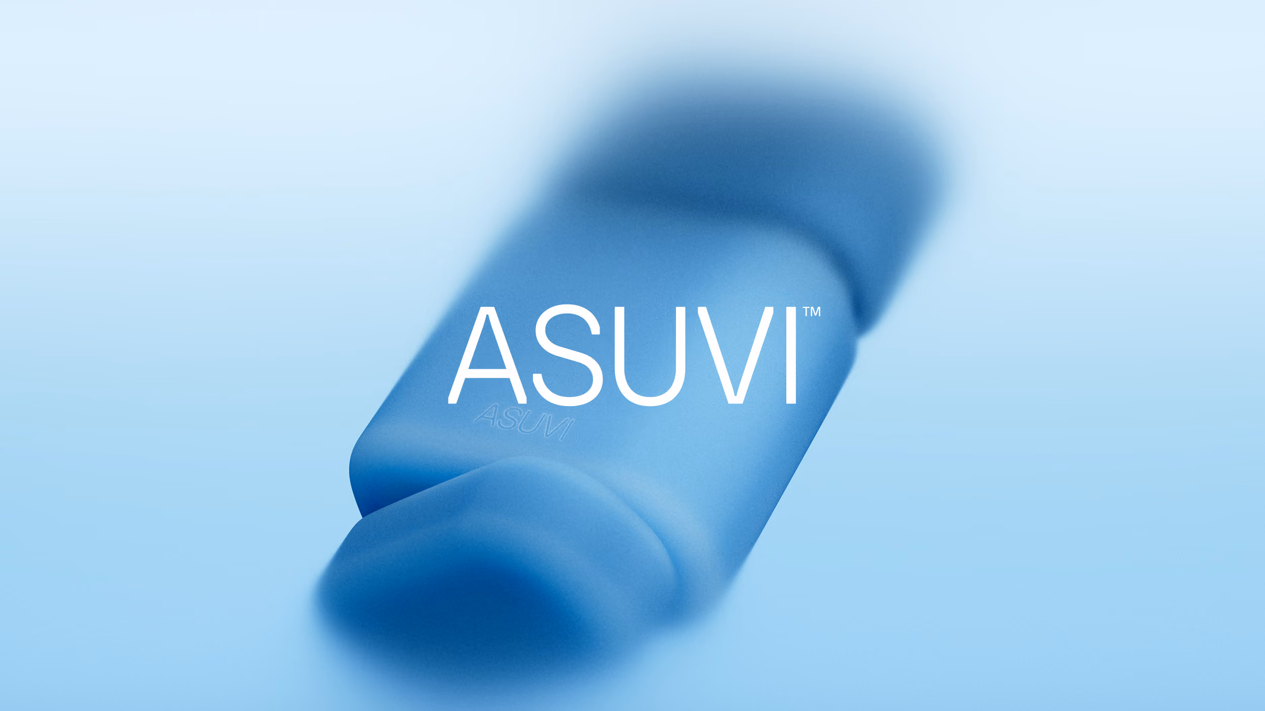 Close-up of a blue ASUVI inhaler device on a light blue background.