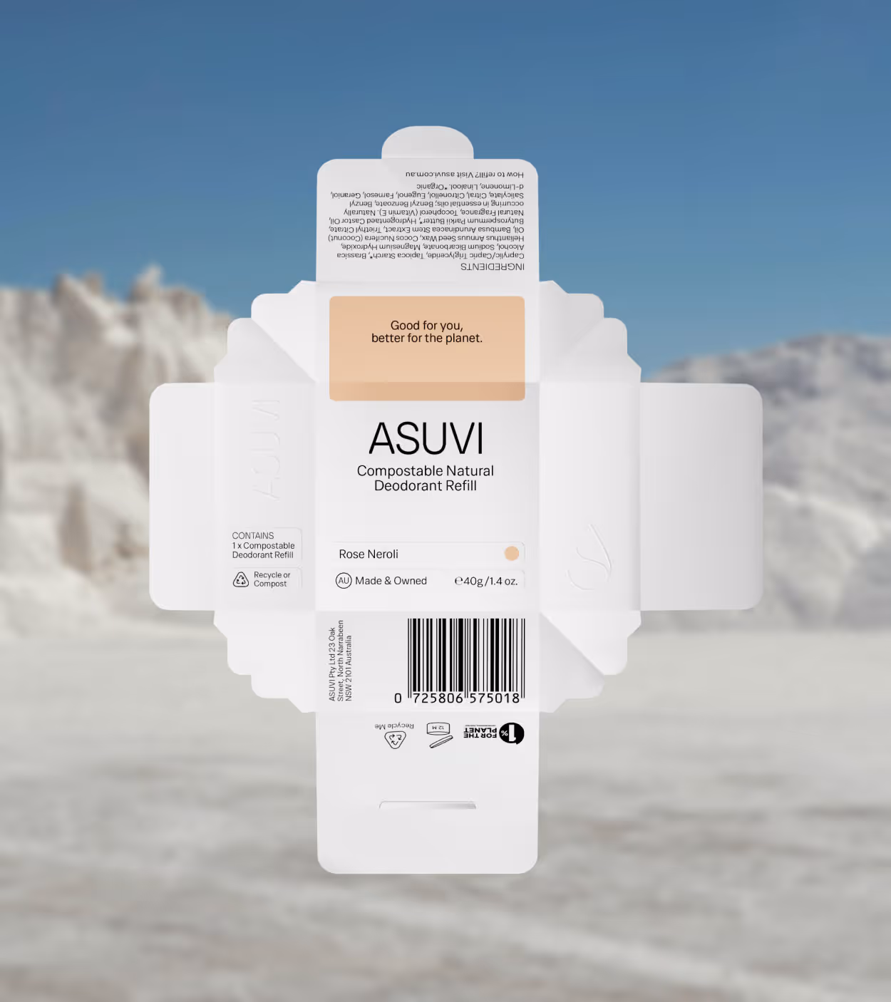 Flatlay of ASUVI compostable natural deodorant refill packaging with Rose Neroli scent, featuring eco-friendly messages and barcode.