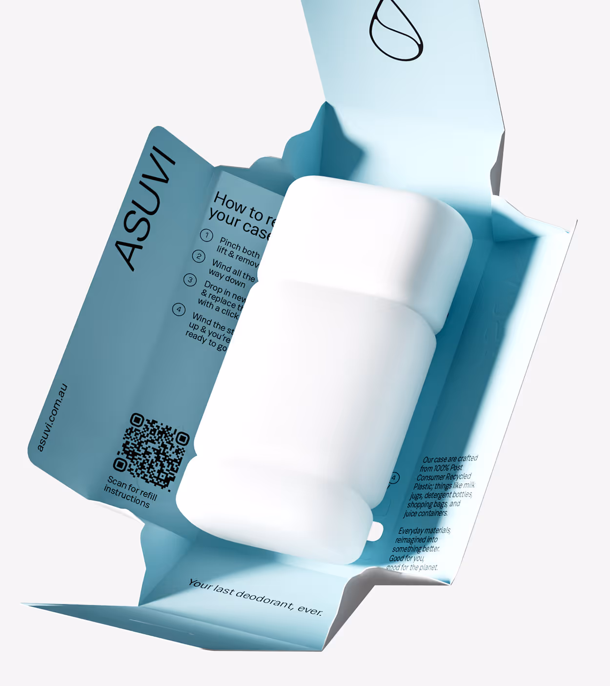 White cylindrical deodorant container placed inside an open light blue ASUVI packaging box with refill instructions and sustainability information.