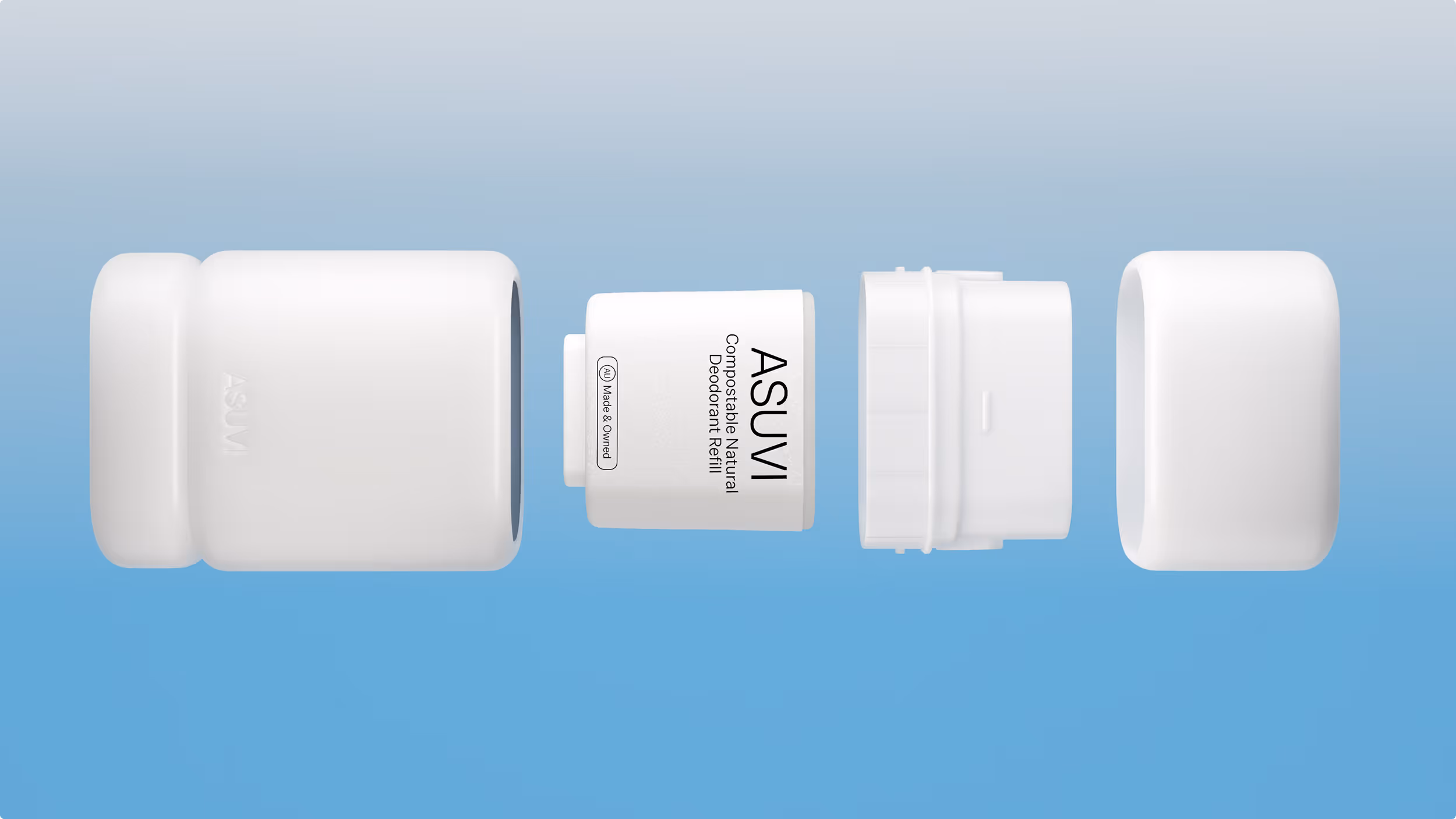 Exploded view of a white ASUVI compostable natural deodorant refill container showing its four separate parts.
