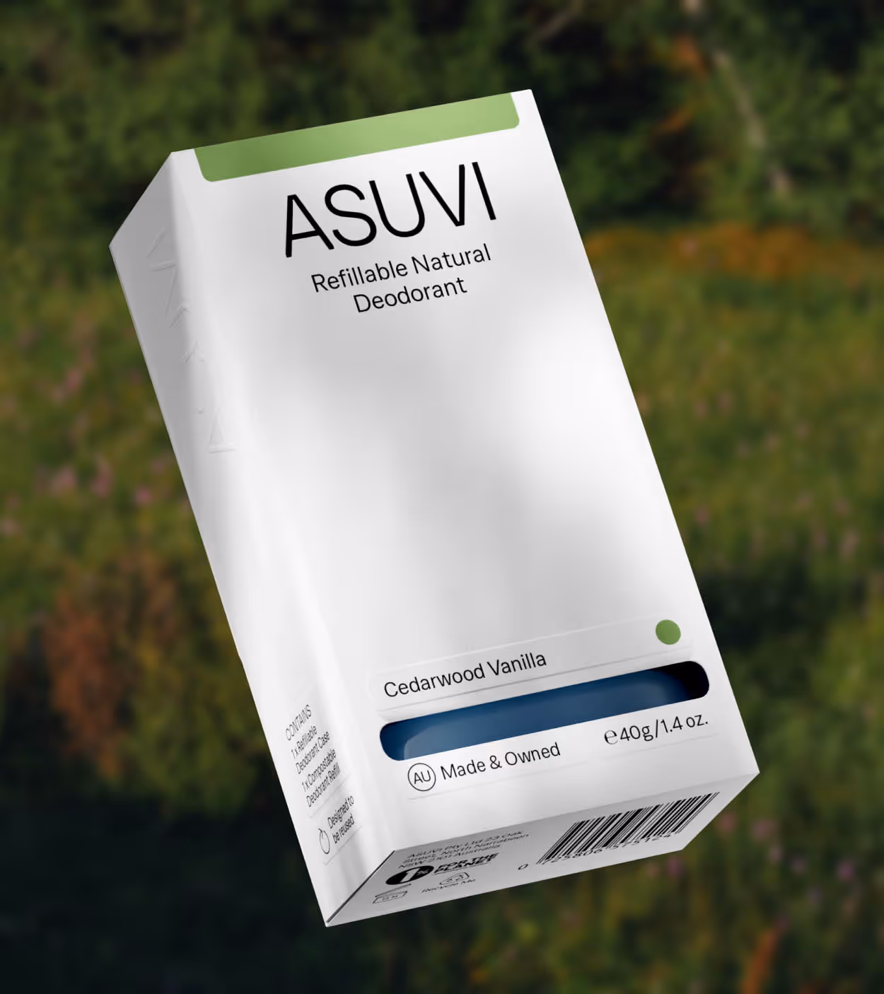 ASUVI refillable natural deodorant in Cedarwood Vanilla scent with white packaging.