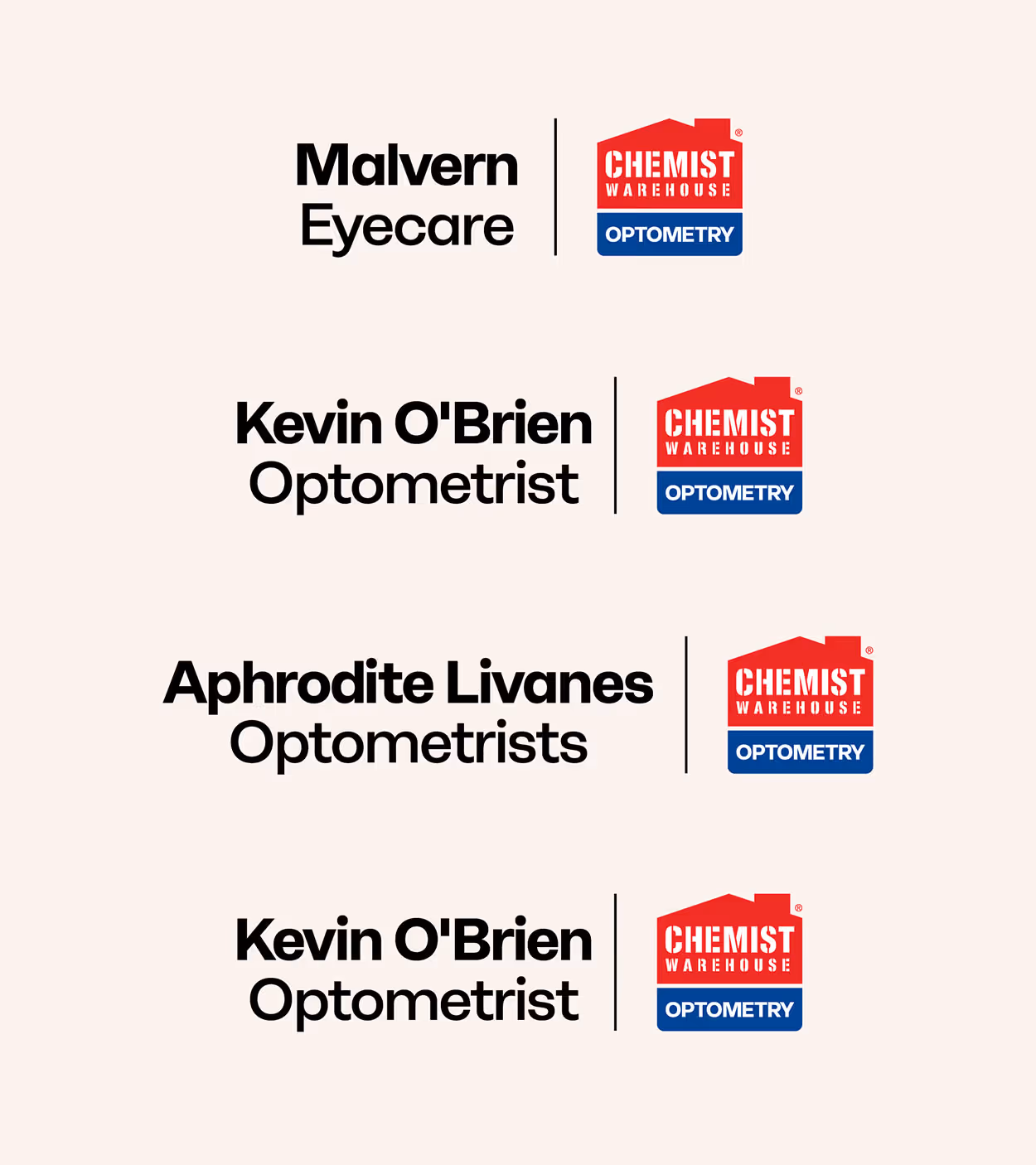 Logos for four optometry providers: Malvern Eyecare, Kevin O'Brien Optometrist (appears twice), and Aphrodite Livanes Optometrists, each paired with the Chemist Warehouse Optometry logo.