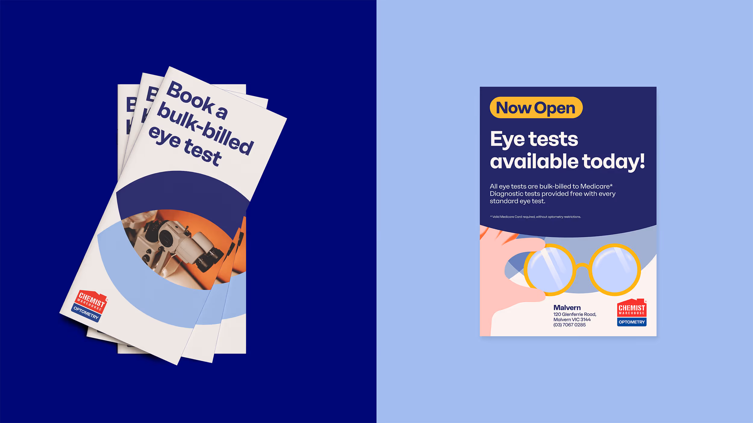 Pamphlets and a flyer advertising bulk-billed eye tests at Chemist Warehouse Optometry, showing an eye examination device and glasses illustration.