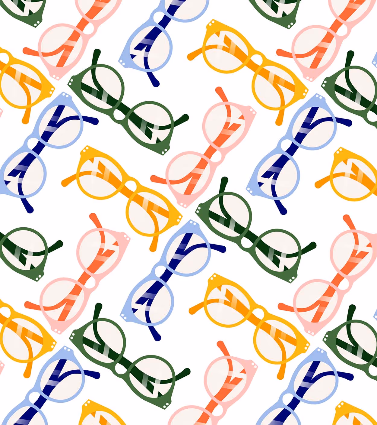 Pattern of colorful eyeglasses in yellow, blue, pink, and green on a white background.