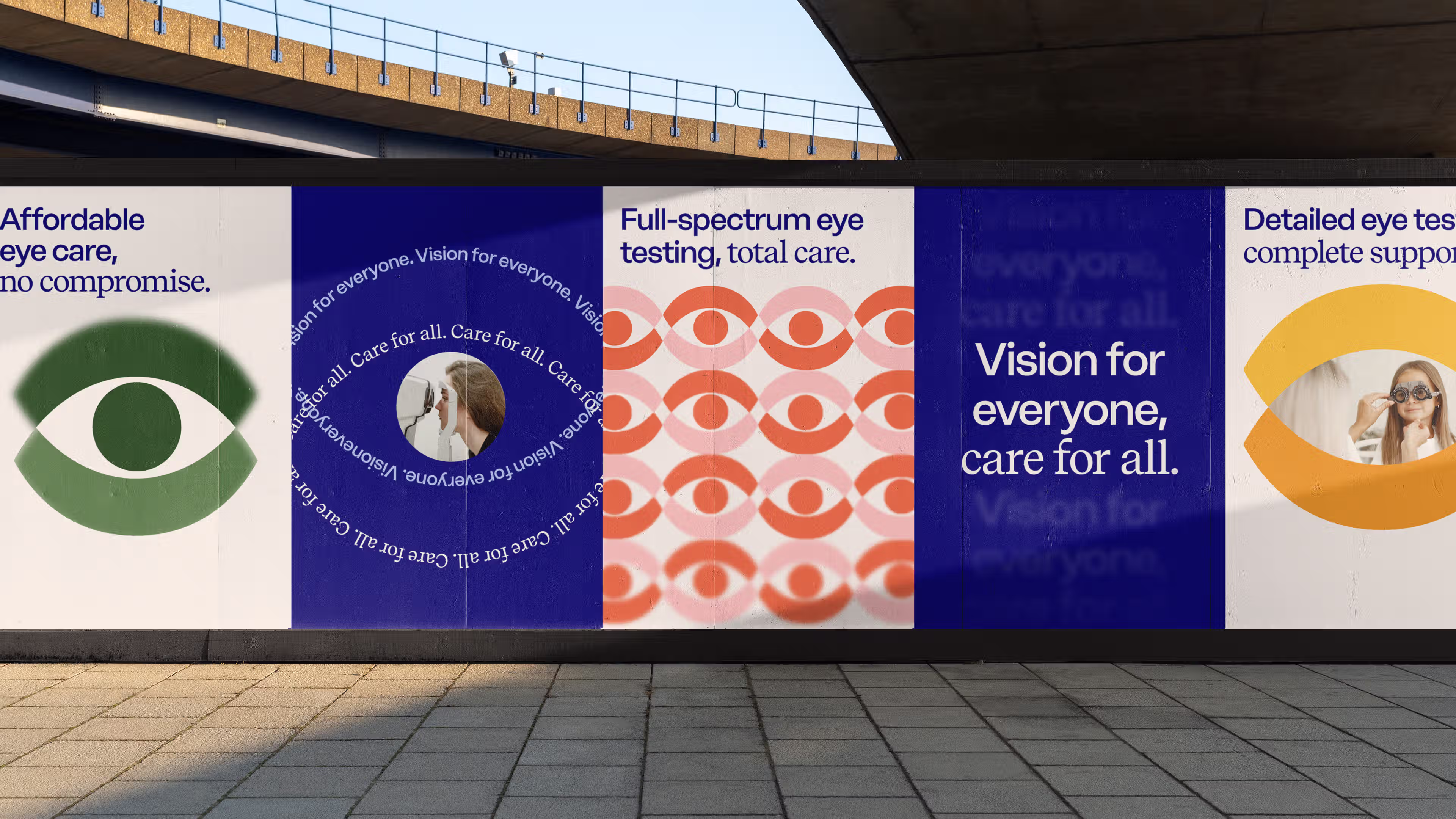 Banner with eye care themes featuring large eye illustrations, a woman undergoing an eye test, and texts promoting affordable care, full-spectrum testing, and vision for everyone.