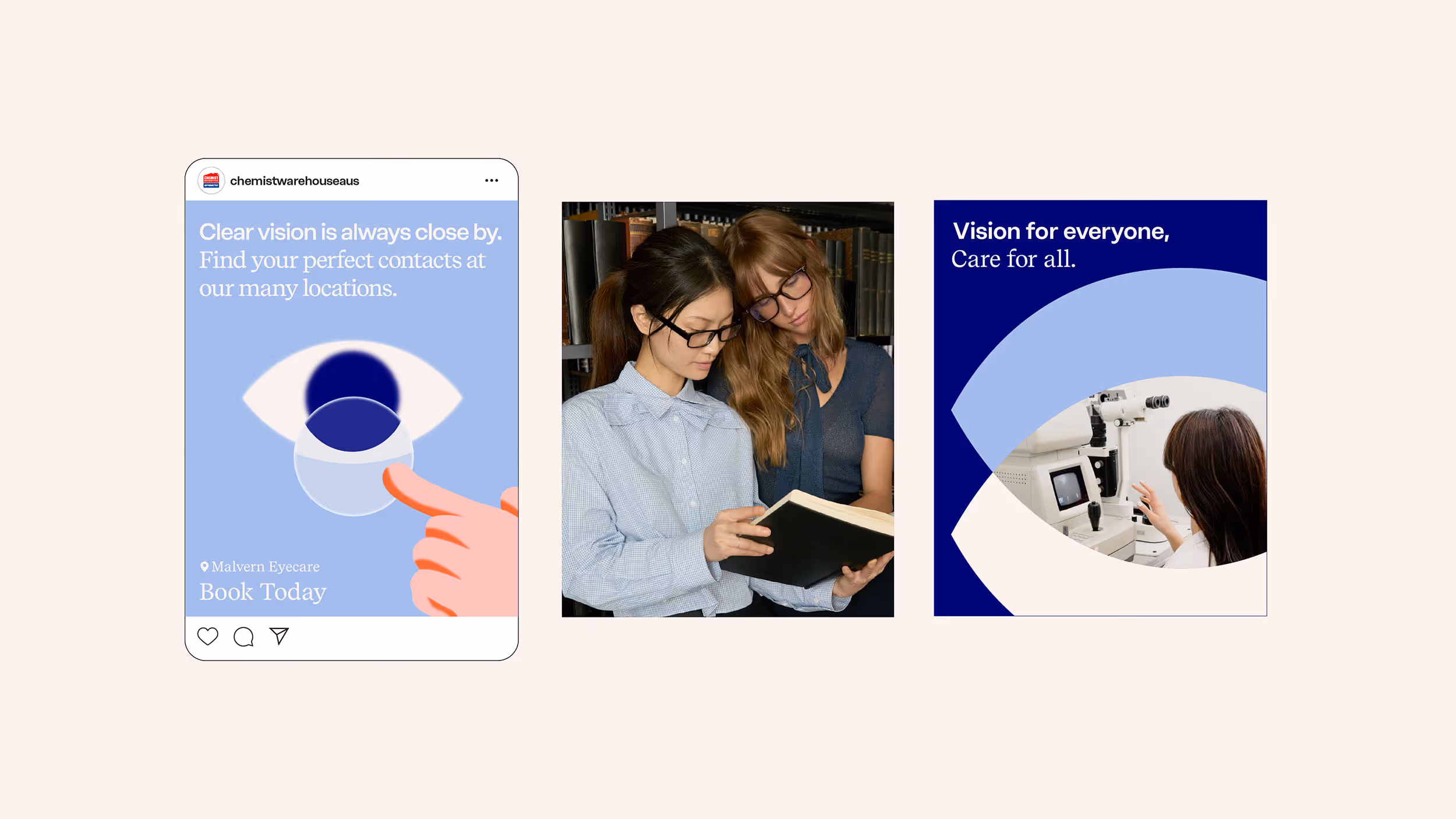 Three promotional images: left shows an Instagram post about clear vision and contact lenses; center shows two women wearing glasses reading a book; right shows a person using an eye examination device with text about vision care.
