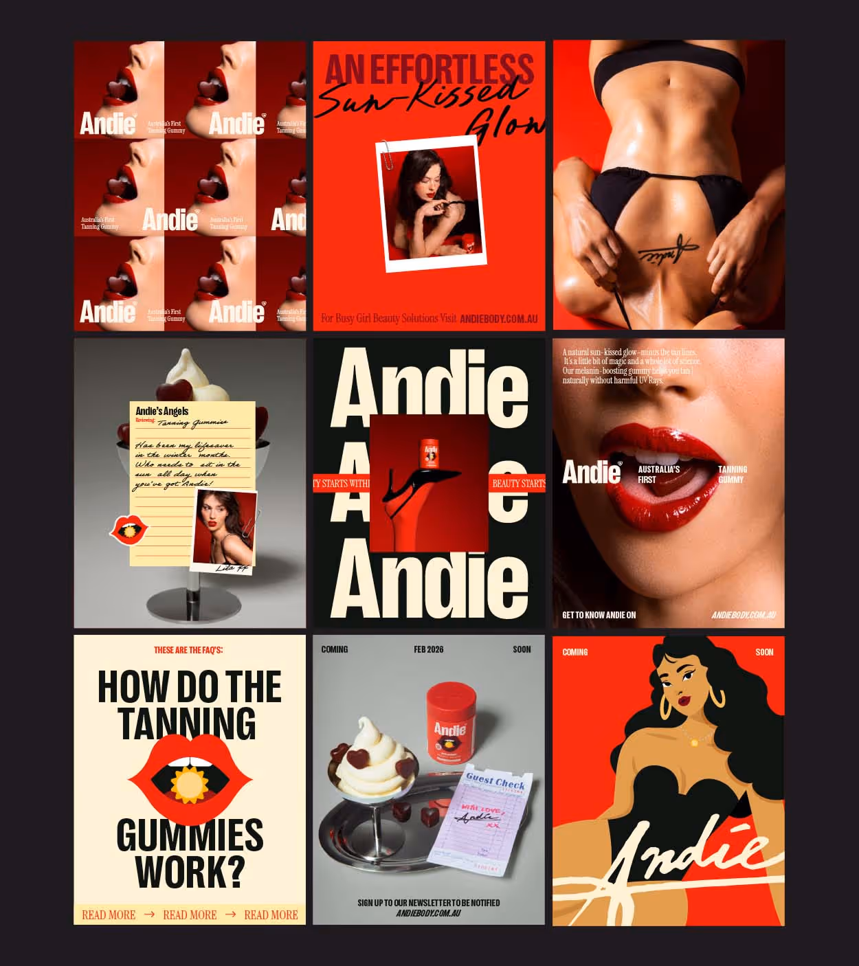 Collage of promotional images for Andie tanning gummy, featuring red lips, a sun-kissed glow, a fit woman in black bikini, a creamy dessert with hearts, and text about tanning gummies.