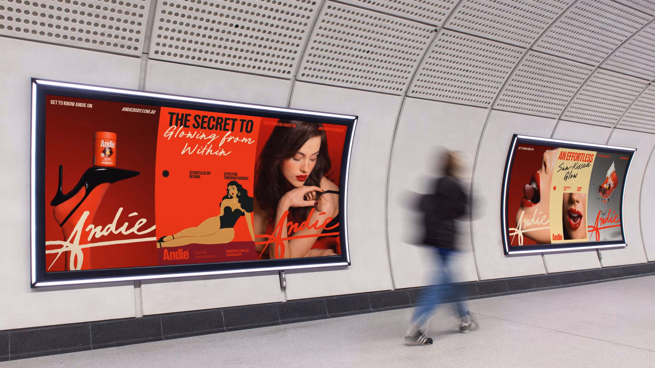 Two illuminated red-themed beauty product billboards featuring a woman with red lipstick, product jars, and stylized graphics in a modern curved hallway with a blurred walking person.