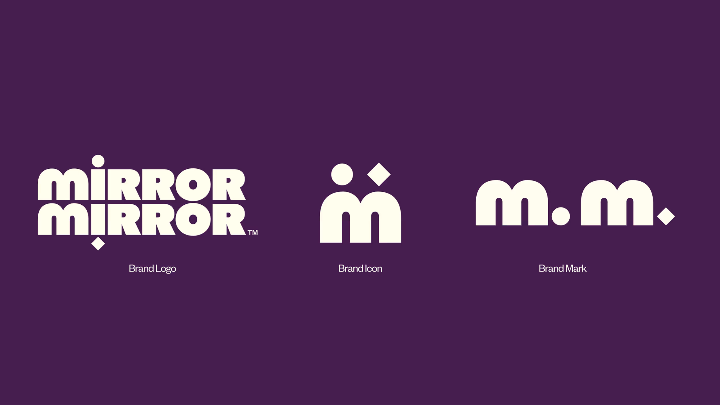 Three versions of the Mirror Mirror brand identity on purple background: brand logo with bold, rounded letters, brand icon with stylized double M and shapes above, and brand mark with lowercase letters 'm.m.' separated by dots.