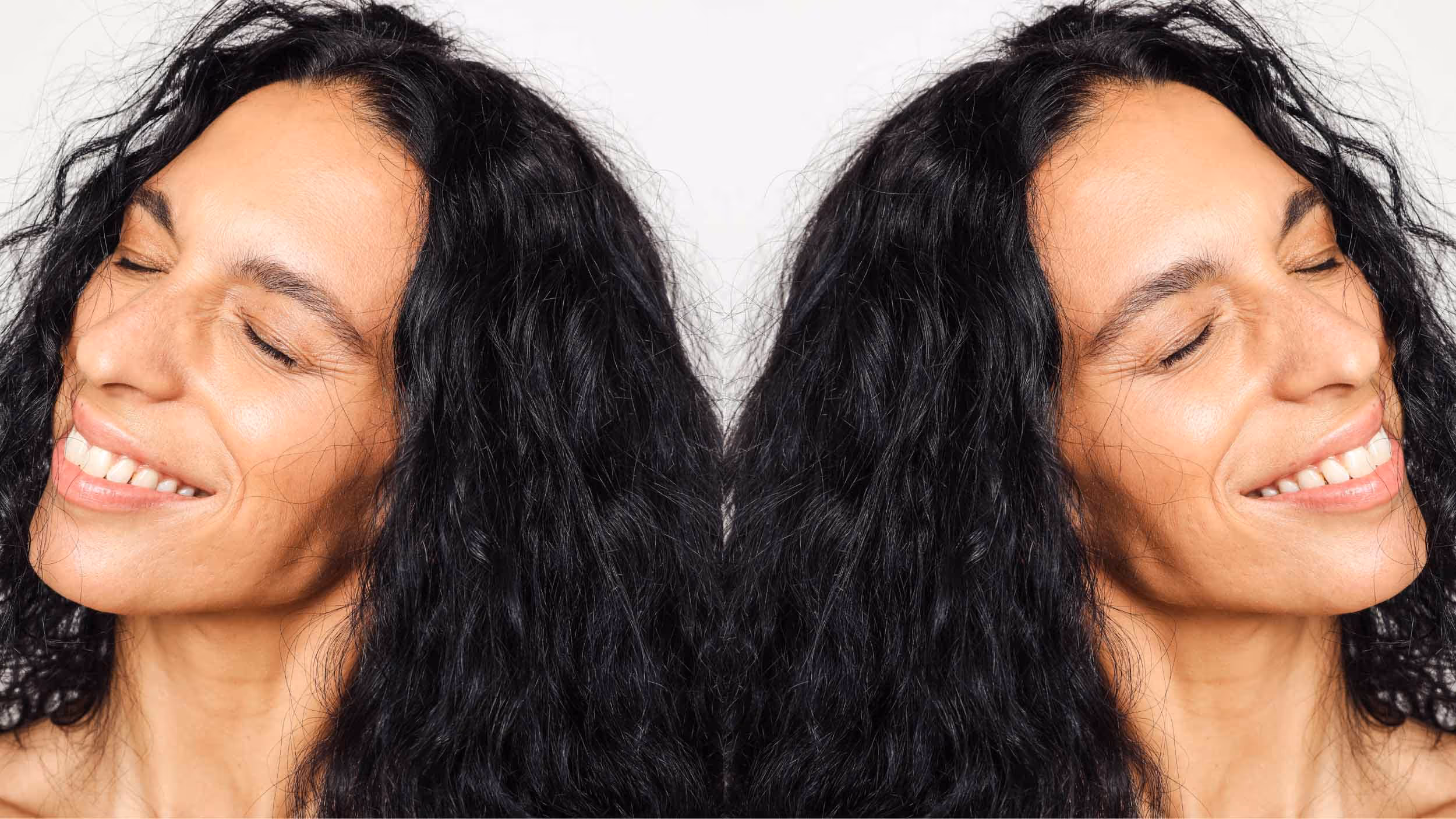 Smiling woman with long curly black hair and closed eyes, mirrored image on white background.