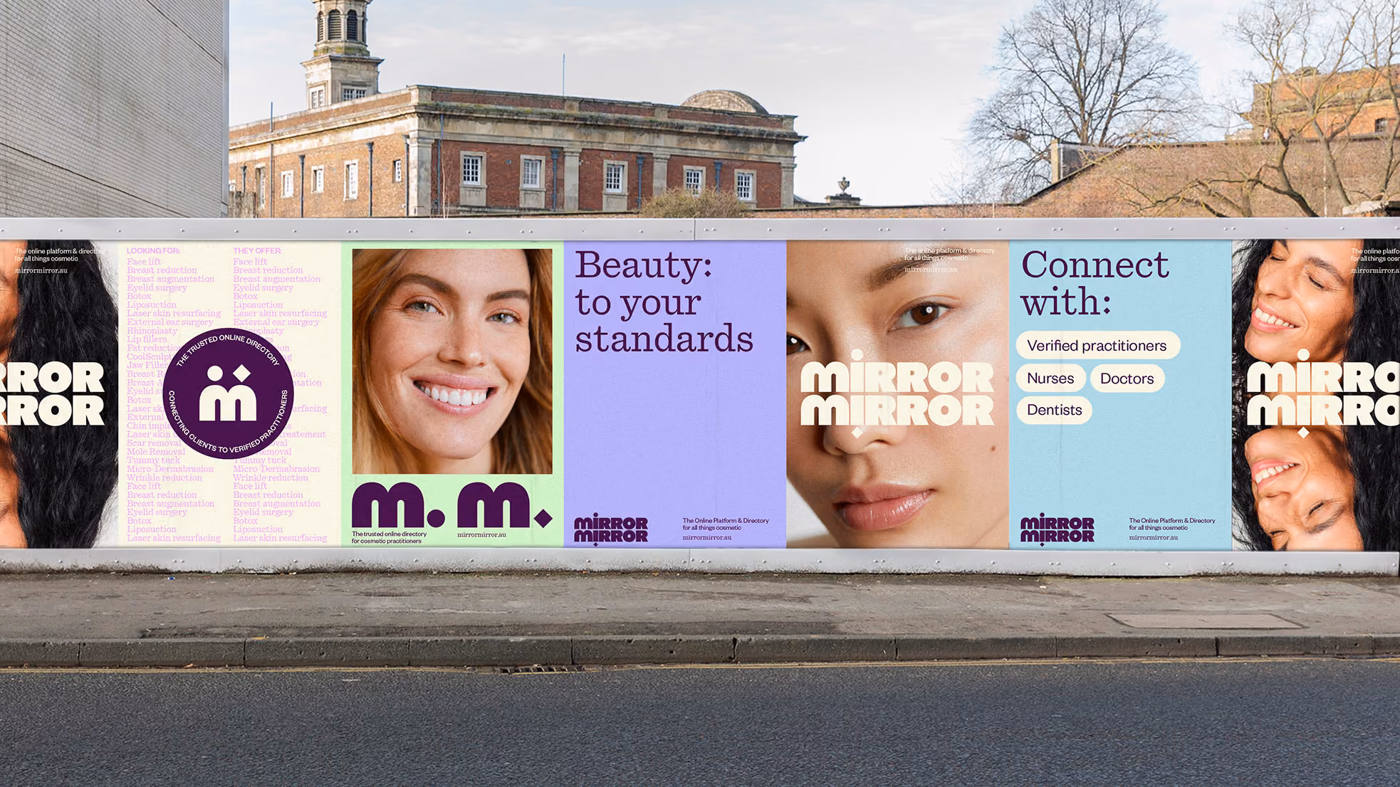 Street billboard featuring diverse smiling faces and text promoting Mirror Mirror, an online platform connecting verified practitioners like nurses, doctors, and dentists, emphasizing beauty standards.