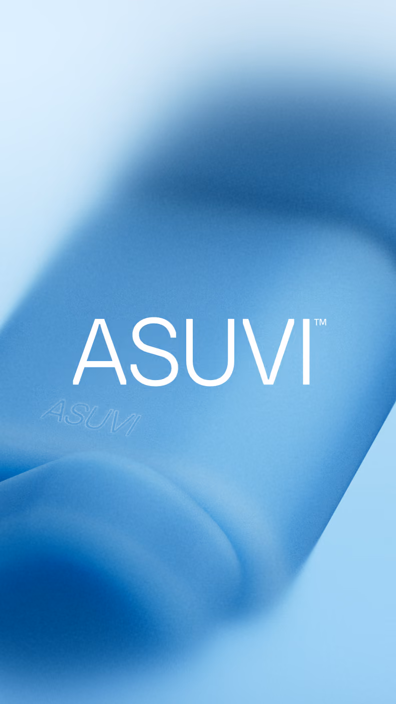 Close-up of a blue ASUVI™ device or product with ASUVI embossed on it.