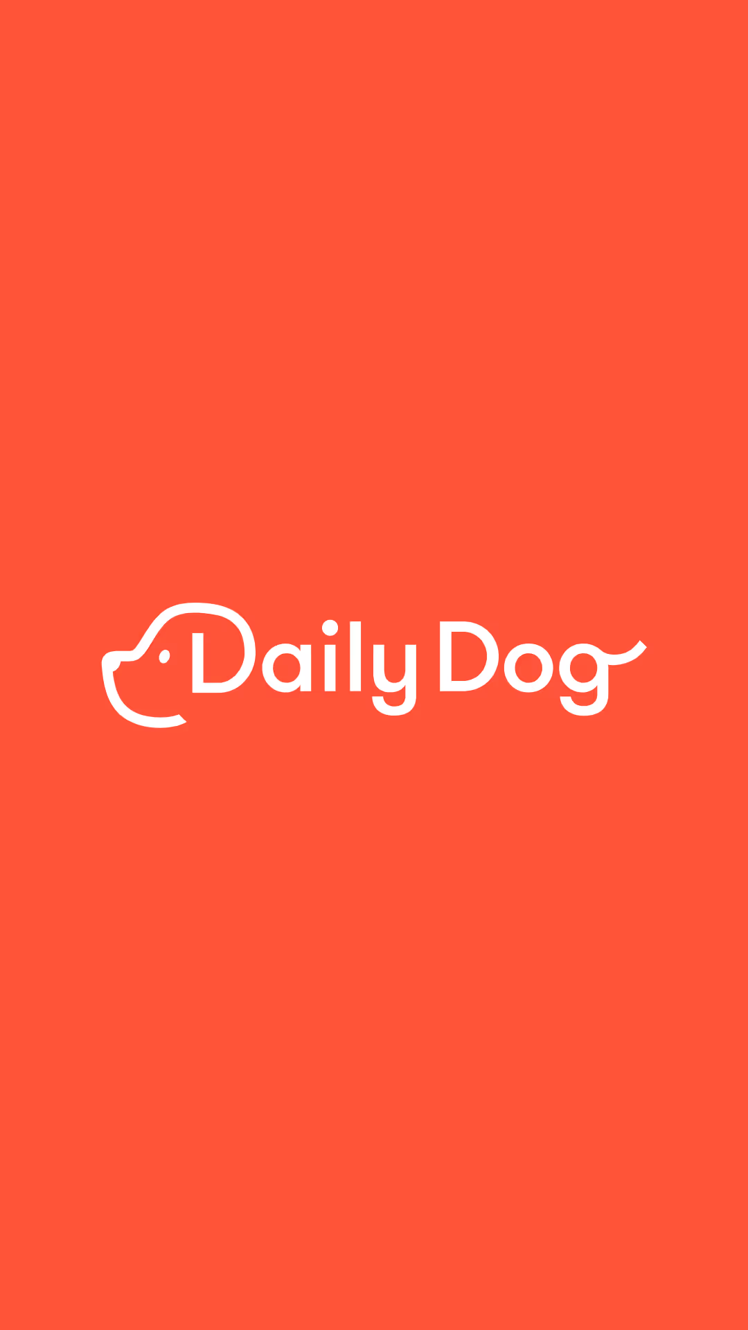 White outline of a dog's head forming the letter D in Daily Dog on a red background.