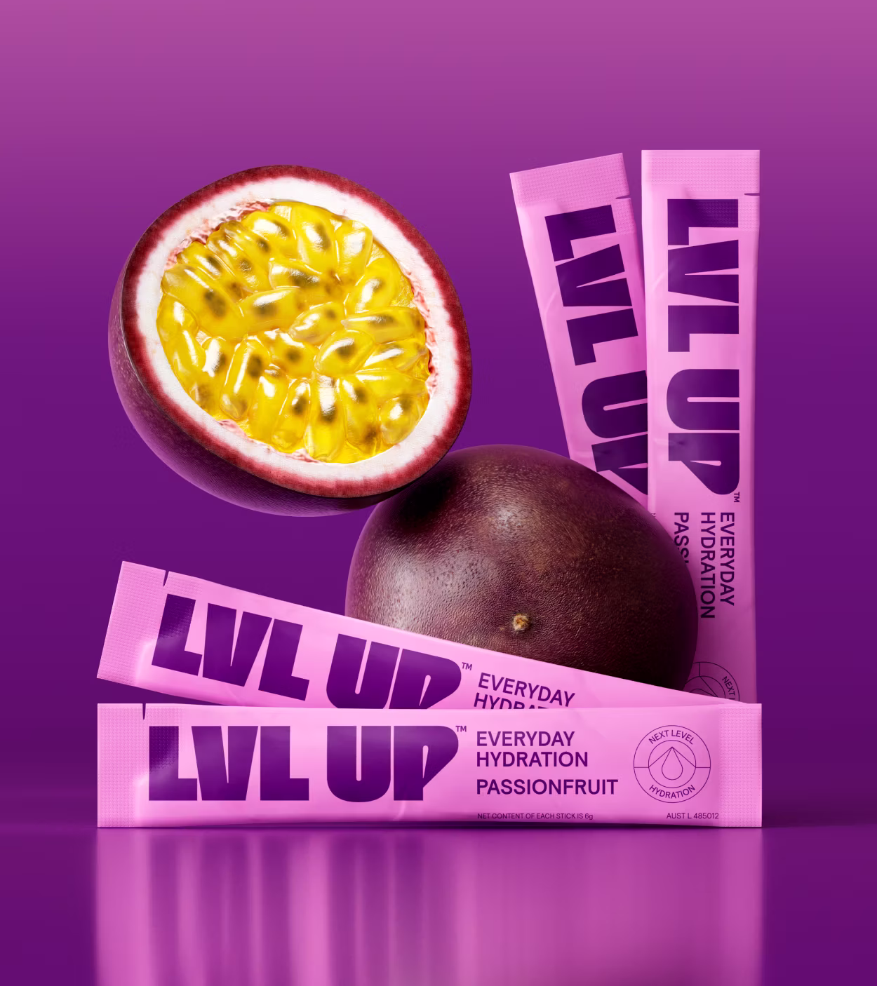 Passionfruit and purple LVL UP hydration sticks labeled Everyday Hydration Passionfruit.
