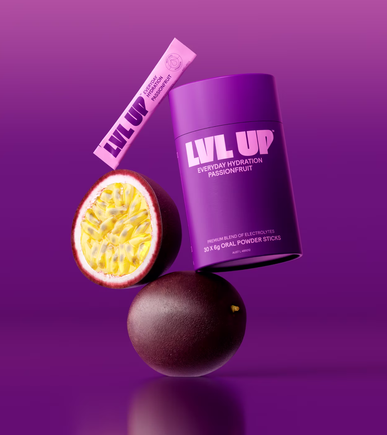 LVL UP passionfruit hydration powder container, stick, and whole and halved passionfruit on purple background.