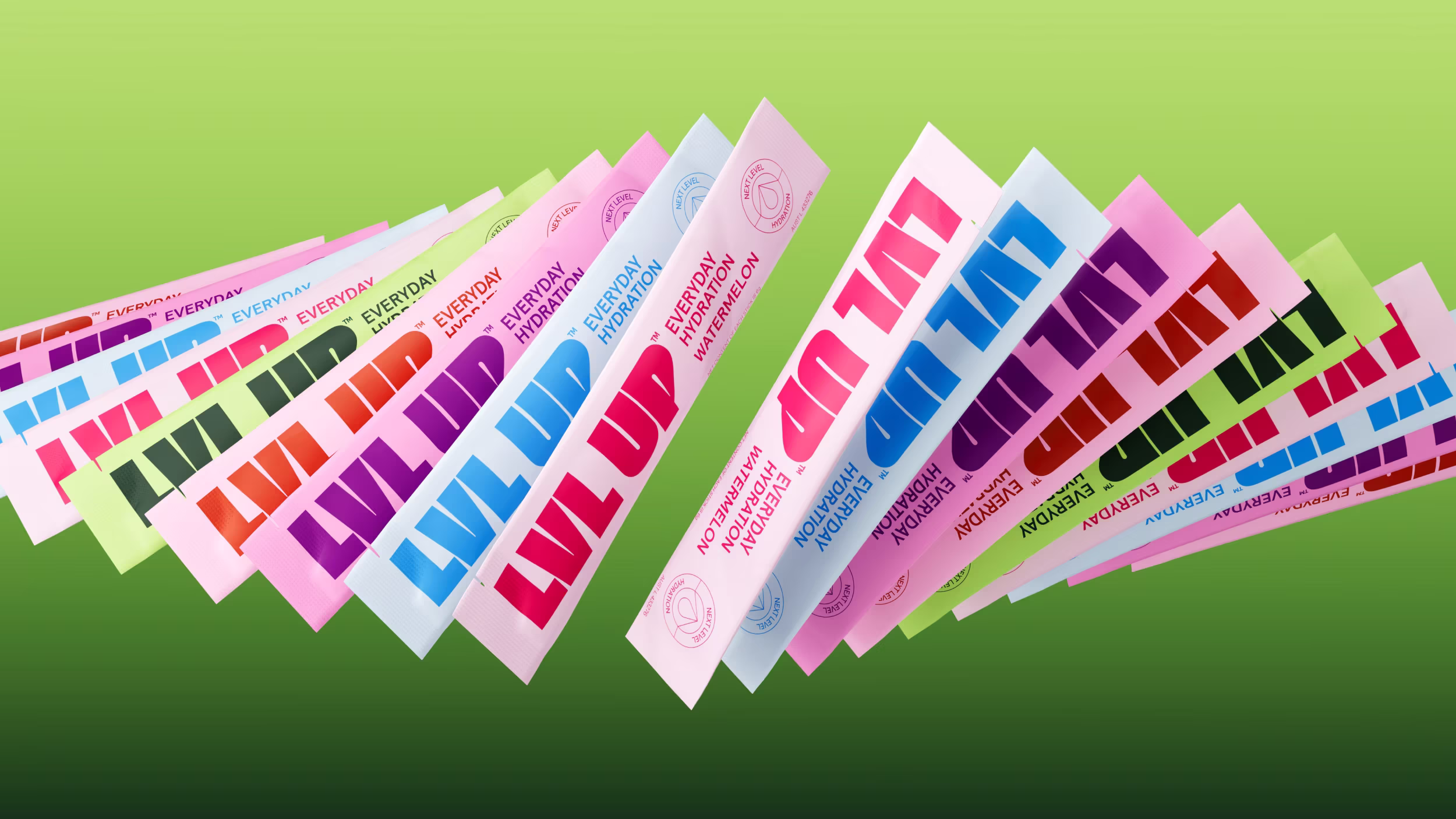 Colorful LVL UP hydration powder sachets fanned out against a green gradient background.