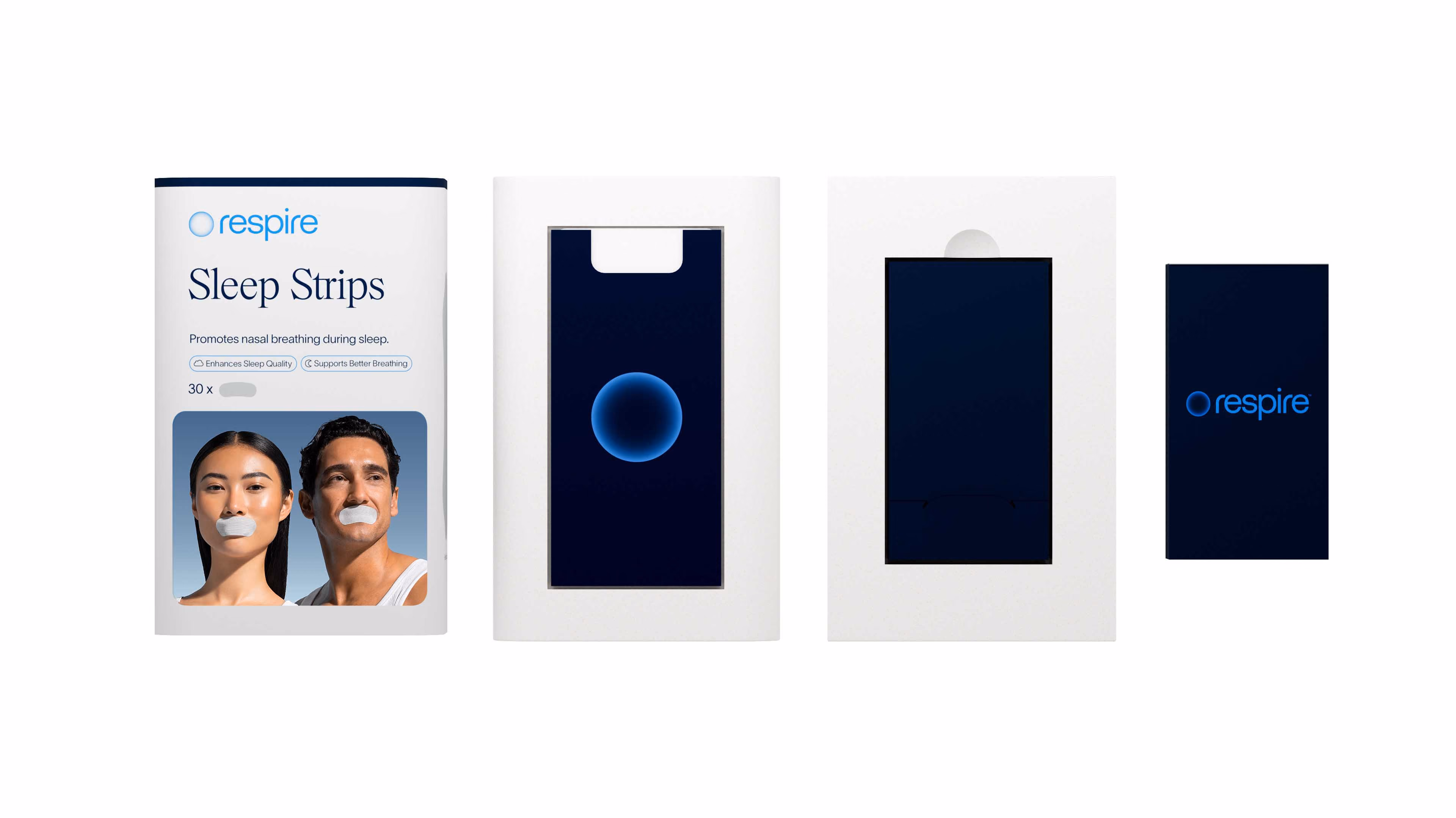 Respire Sleep Strips packaging alongside product box and instruction card against white background.