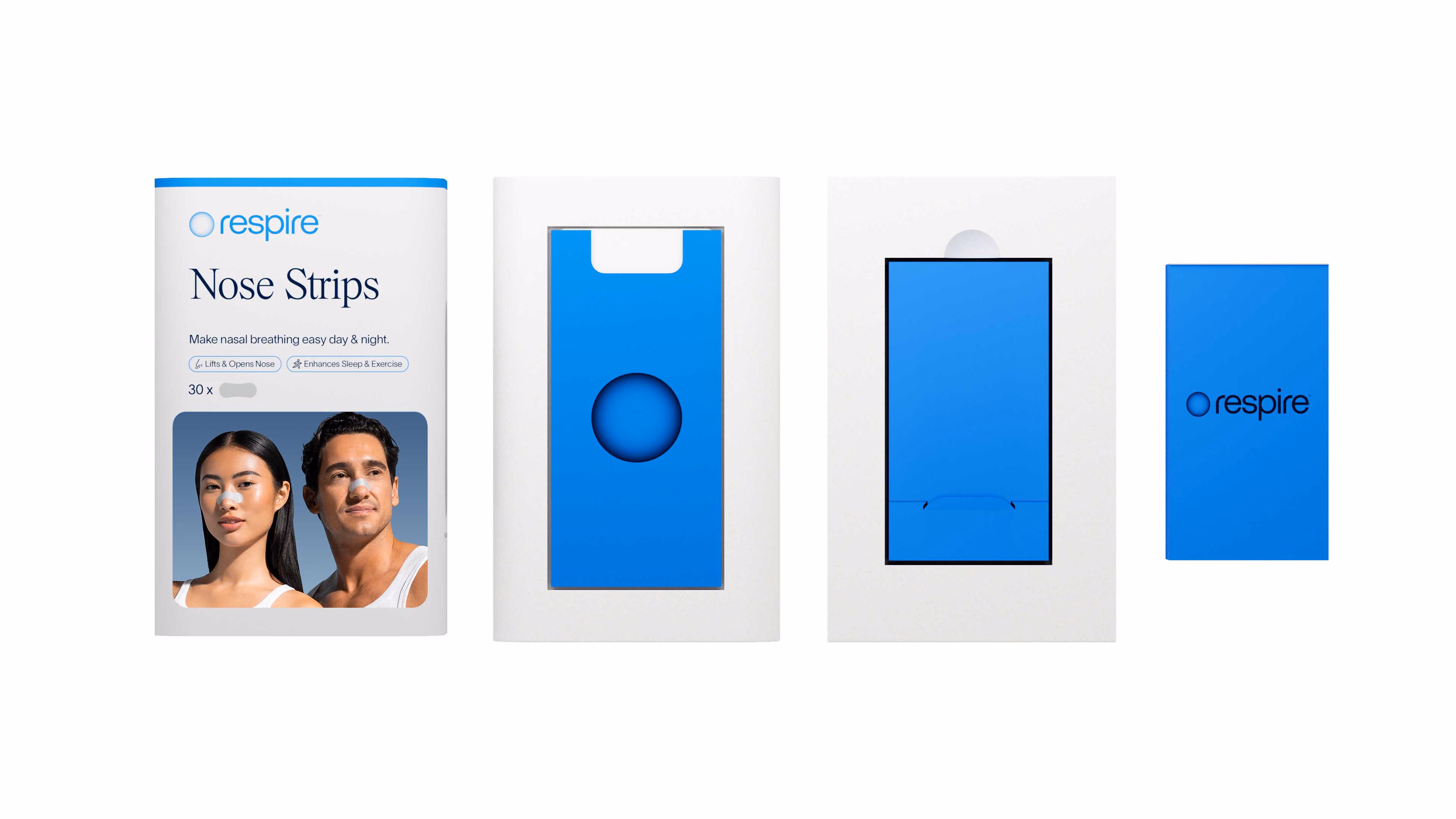 Respire nose strips packaging and contents with images of two people wearing strips on their noses.