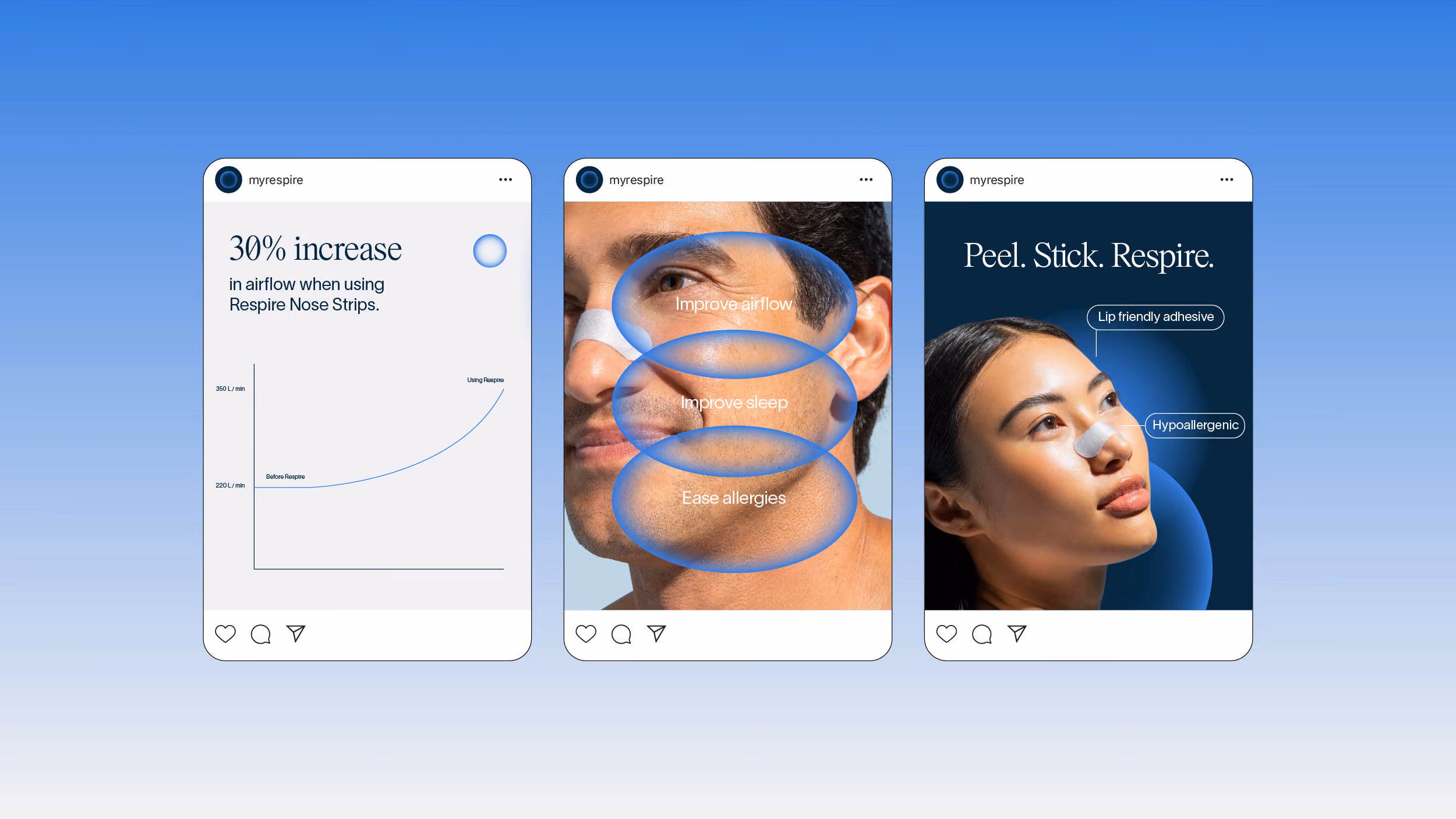 Three social media posts showing benefits of Respire Nose Strips with a man and woman wearing them.