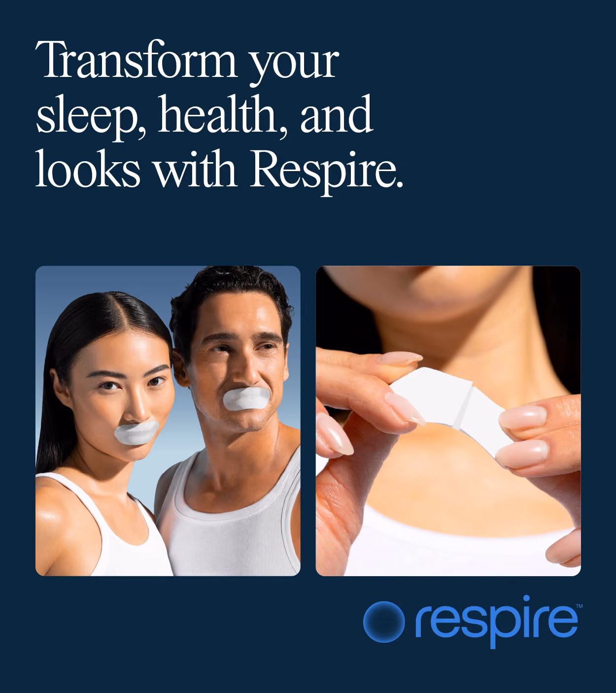 Two people wearing mouth patches and close-up of a woman holding a white mouth patch, with Respire logo below.