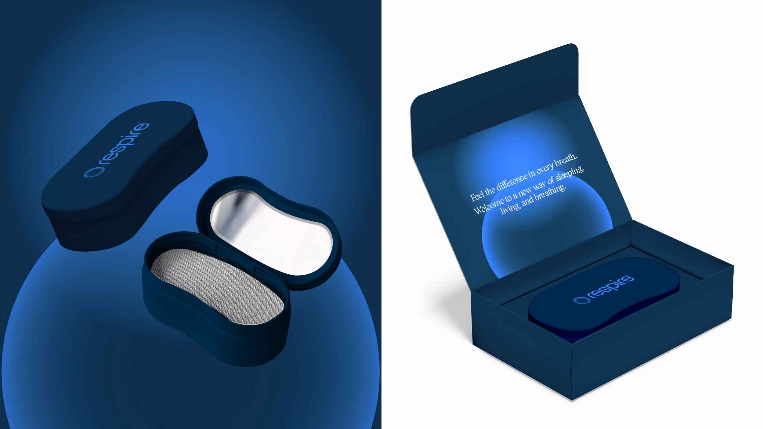 Blue Respire branded sleep aid case open with fabric interior and mirror inside lid, in a gift box.