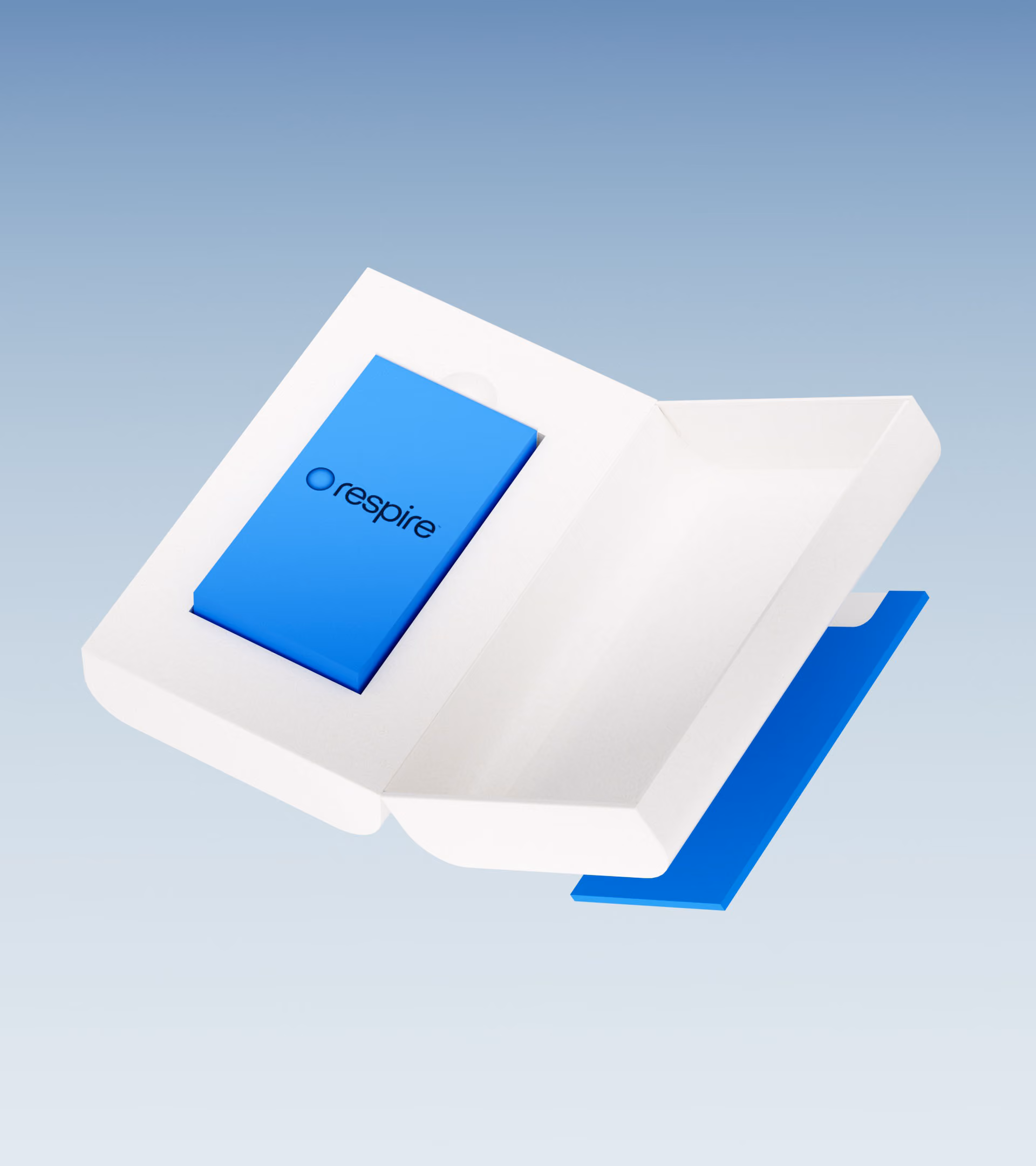 Blue Respire-branded item inside an open white box on a light blue background.