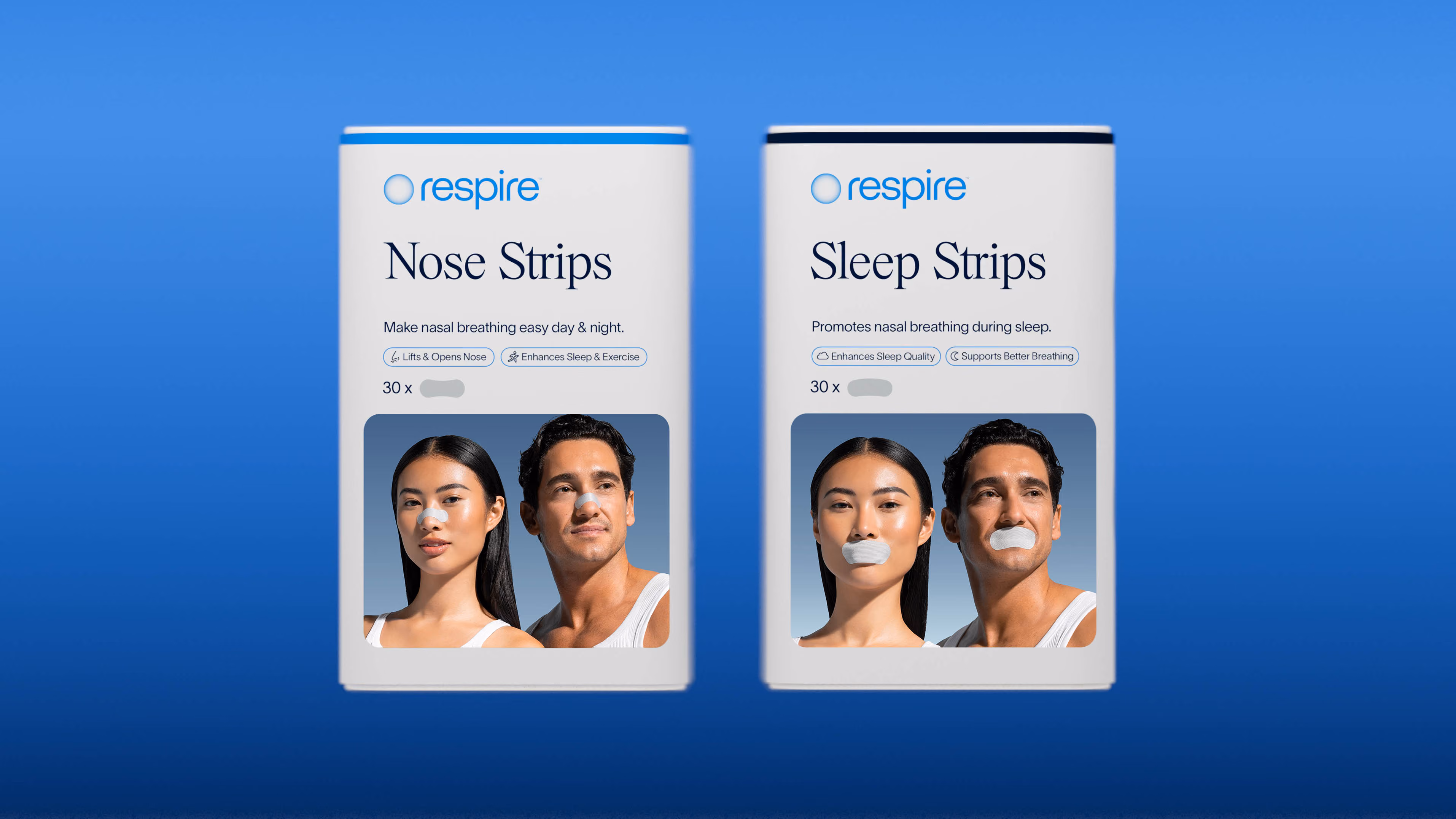 Respire Nose Strips and Sleep Strips boxes showing two models wearing the respective strips on their nose and mouth.