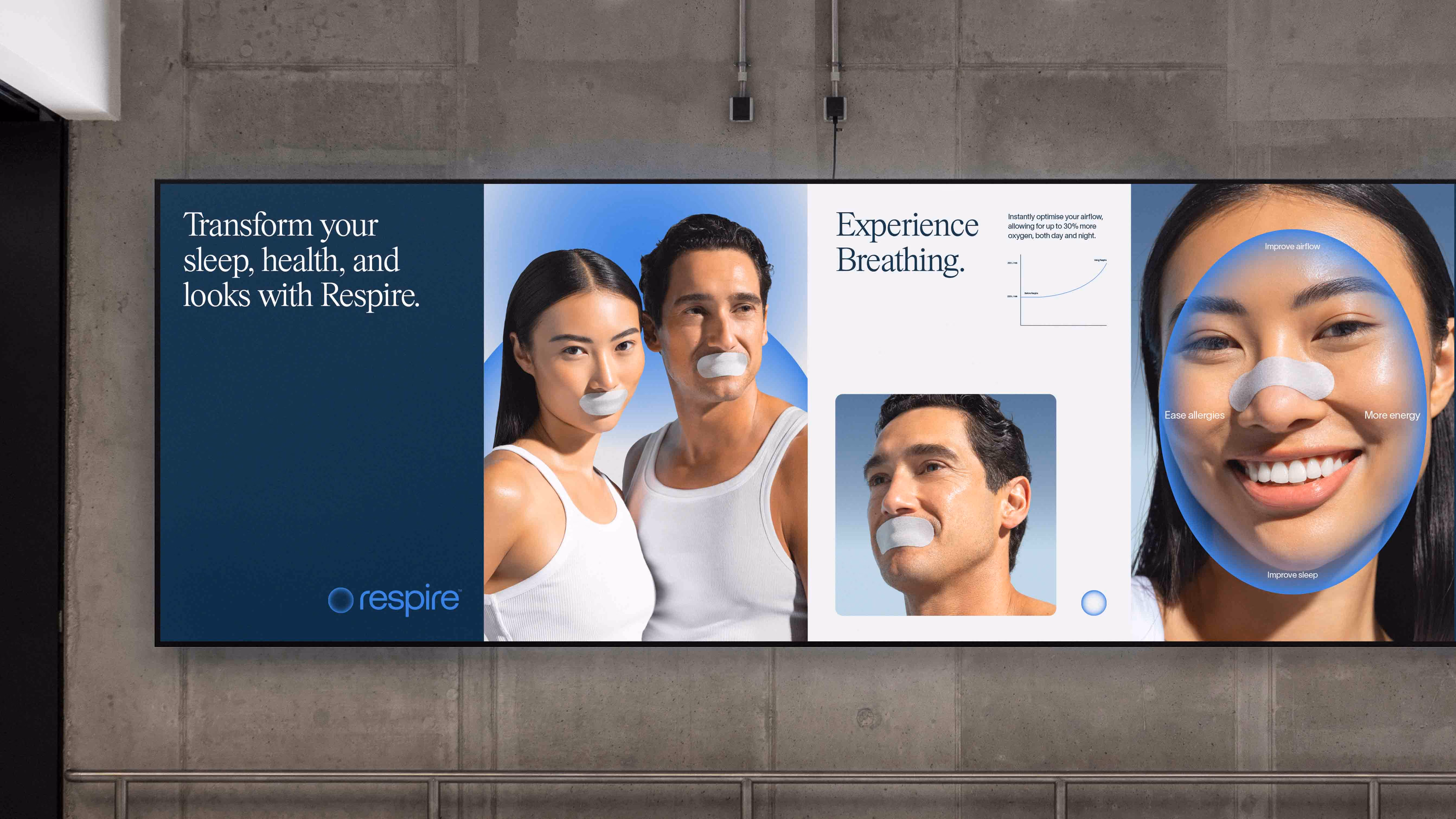 Billboard showing people wearing a breathable mouthpiece to improve sleep, health, and looks.