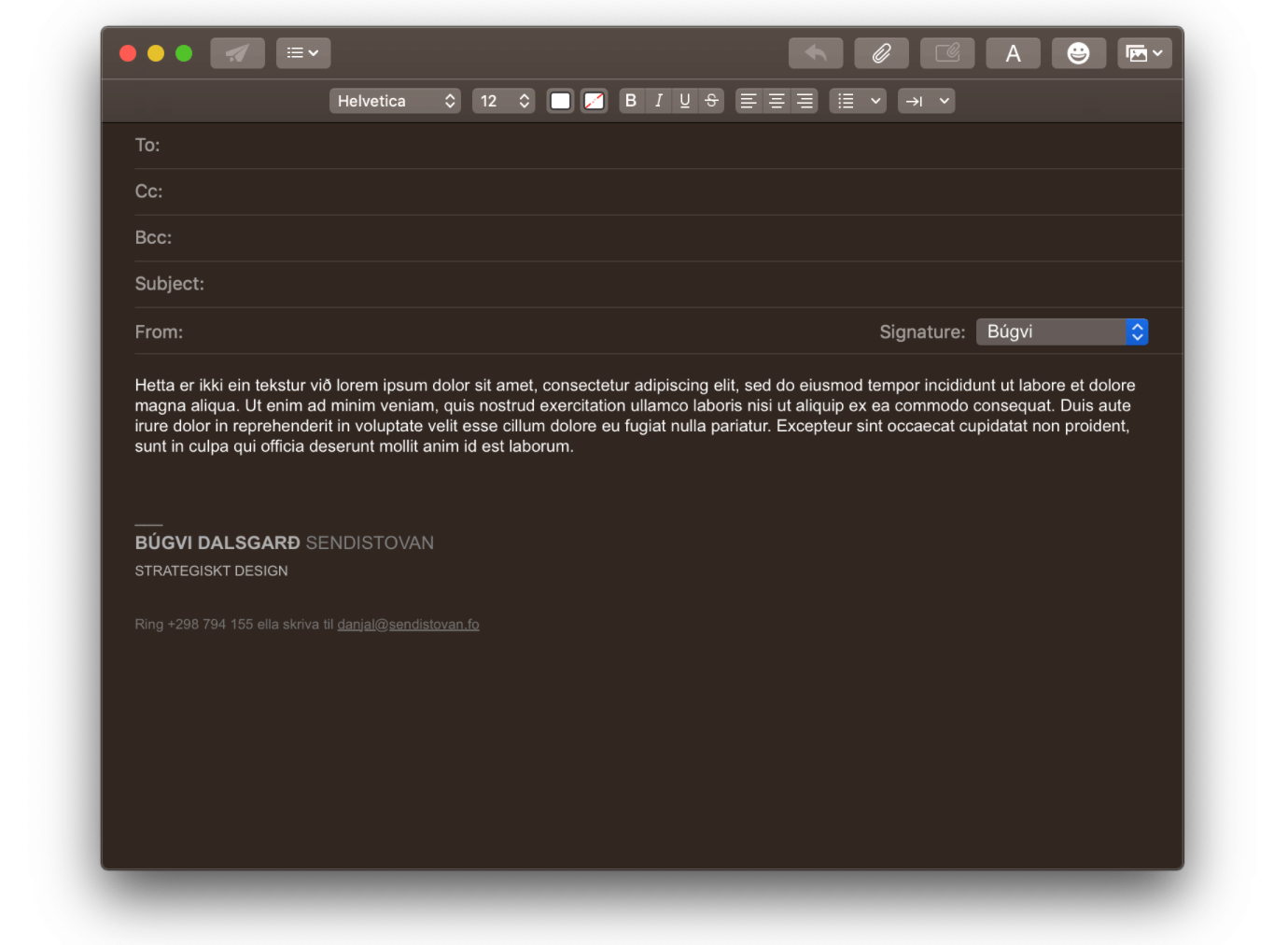 Mynd av email signaturi í dark mode