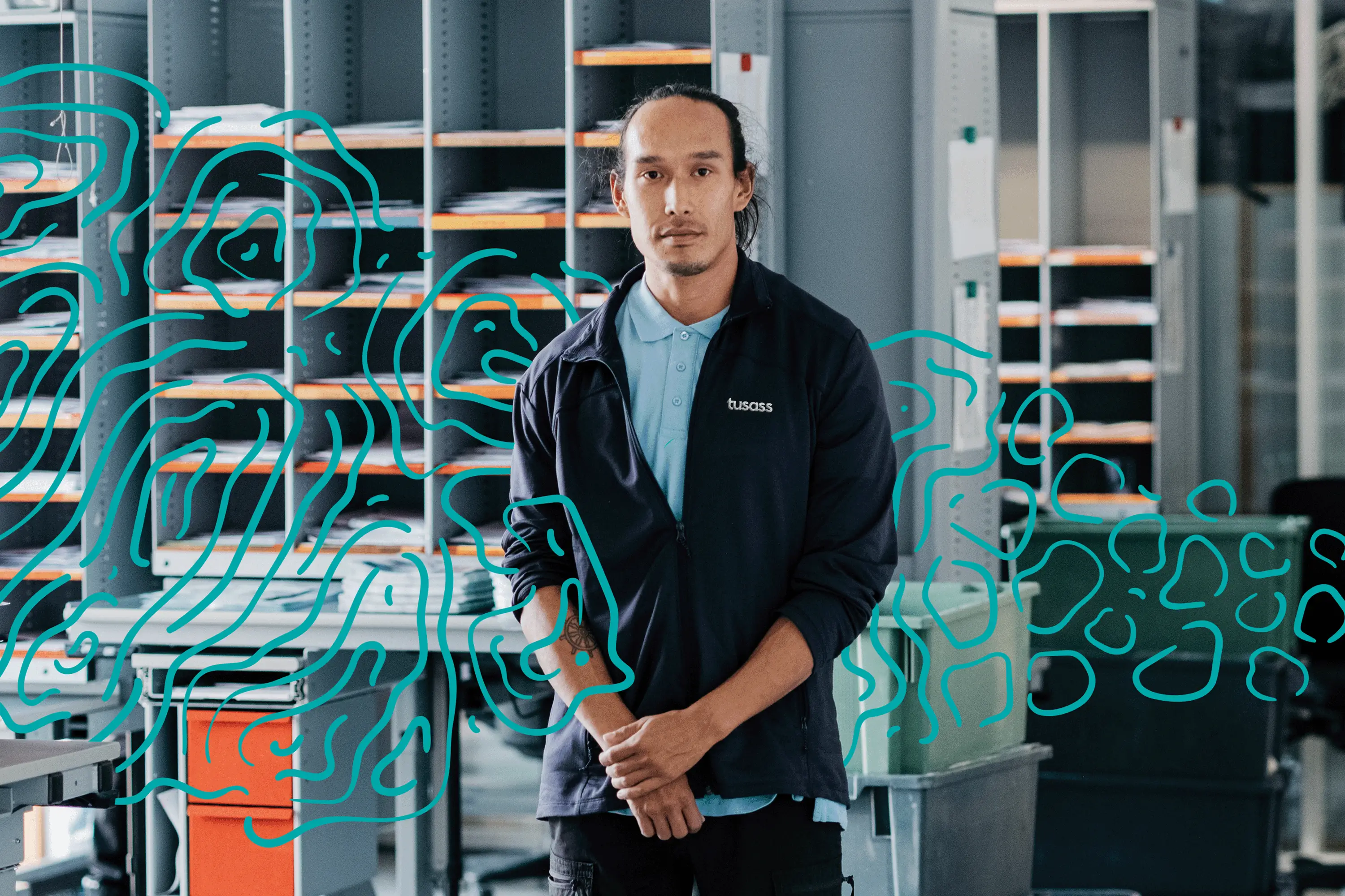 Tusass employee in office with graphical illustration overlayed