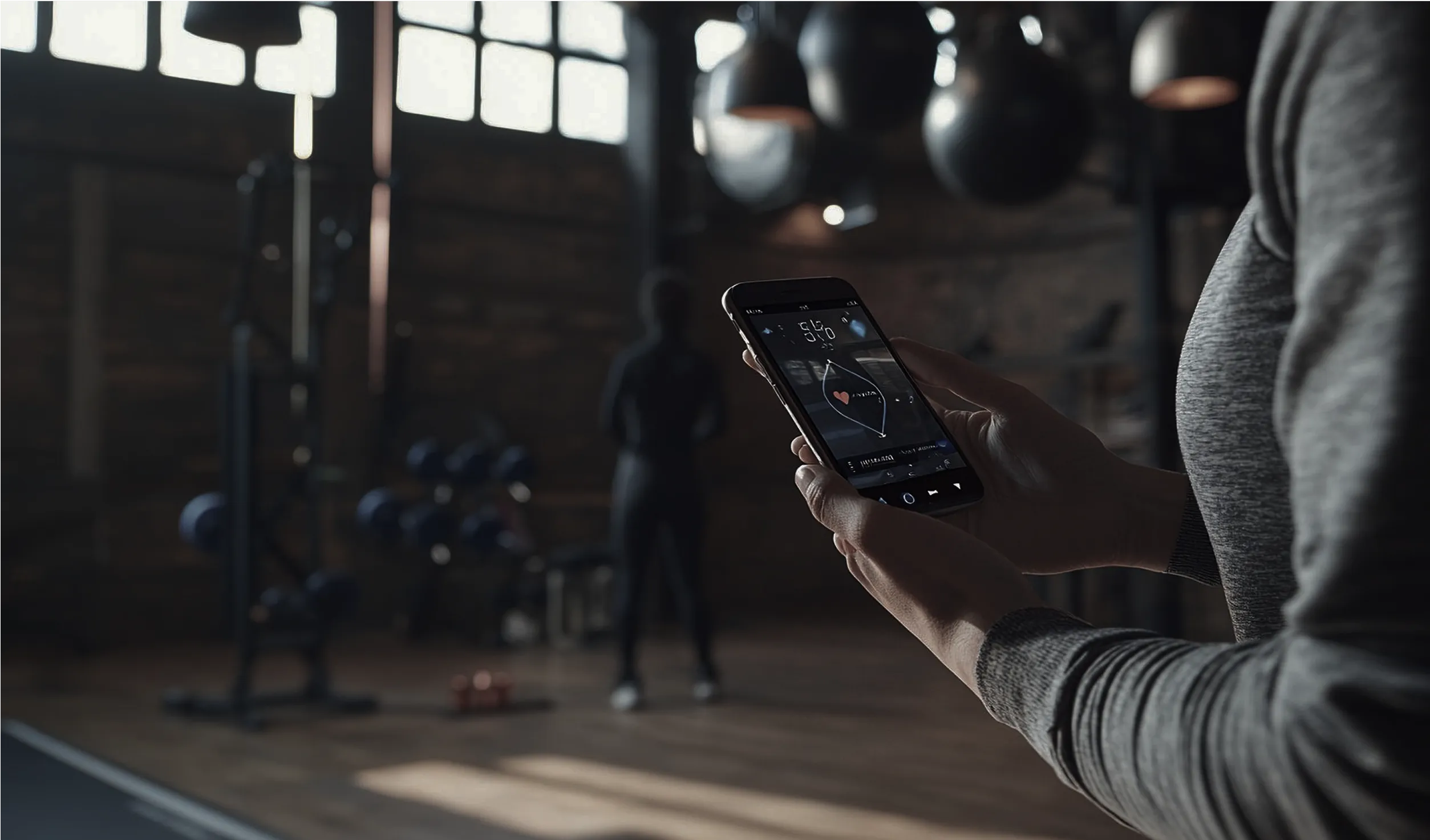 Person holding smartphone in gym with workout equipment in background.

