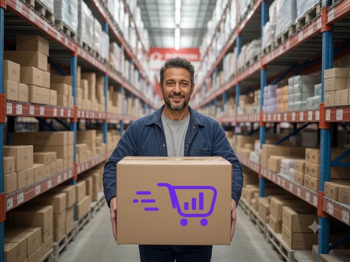 Worker carrying a we-commerce packaging