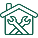 Icon of a house with crossed wrench and spanner inside, symbolizing home repair or maintenance services.