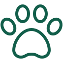 Simple green outline of a paw print with four toes.