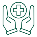 Outline of two hands surrounding a medical cross symbol.