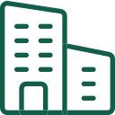 Icon of two business buildings with windows and an entrance.