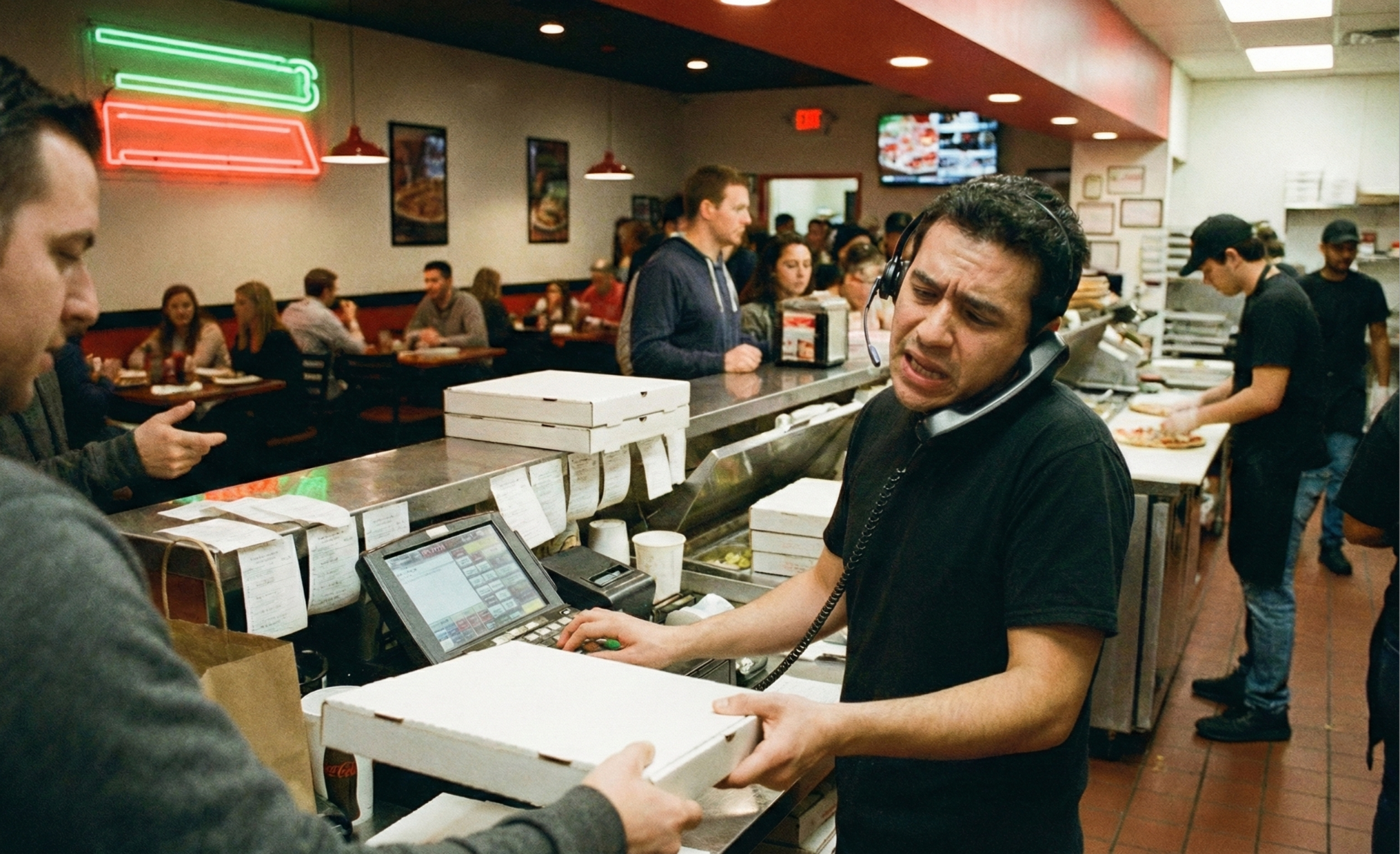 Restaurant worker talking on a phone headset and handing over a pizza box across the counter in a busy pizza shop.