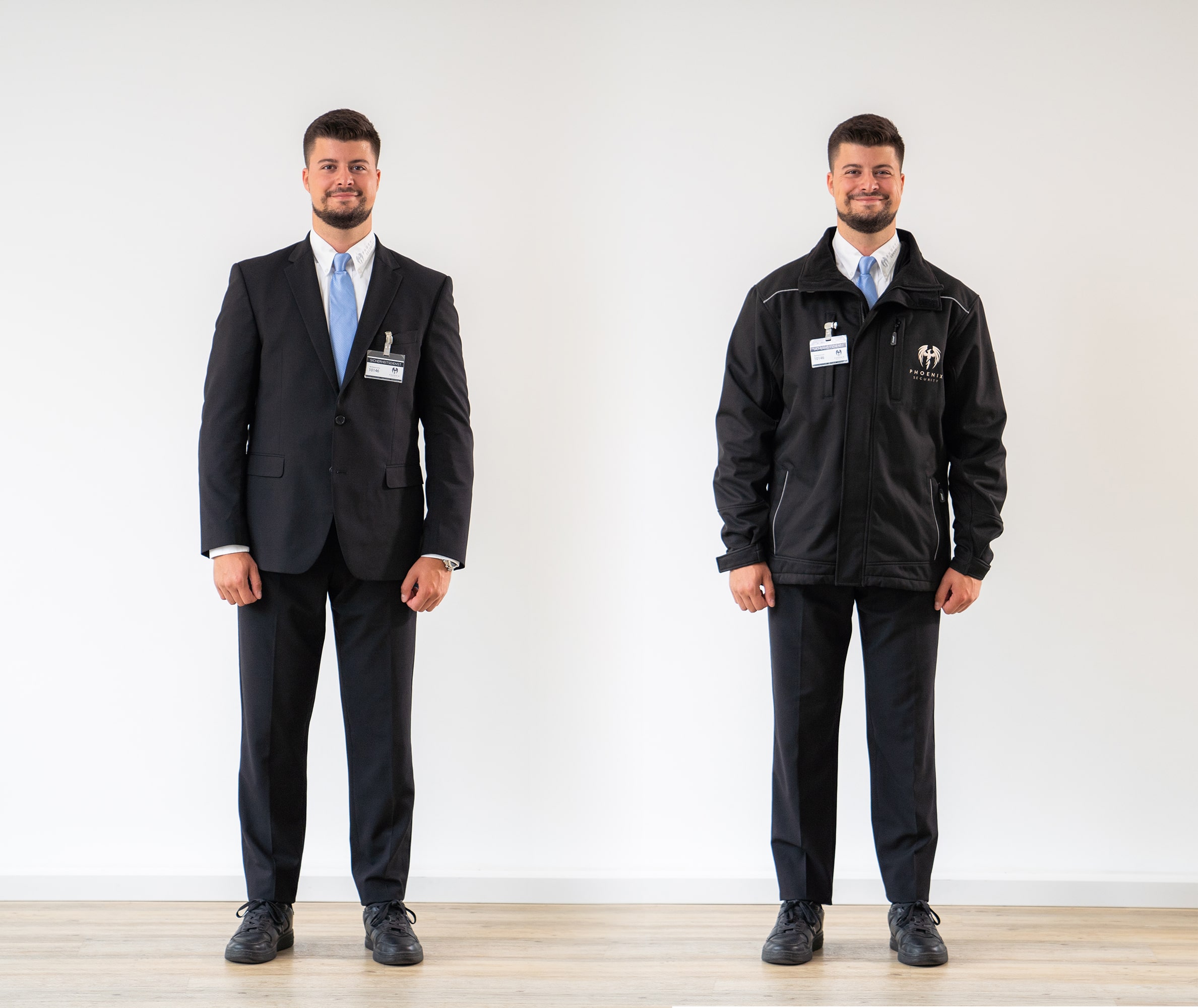 Man with brown hair and beard wearing a light blue tie and black pants, standing in two outfits side by side: one in a black suit jacket and another in a black Phoenix Security jacket.
