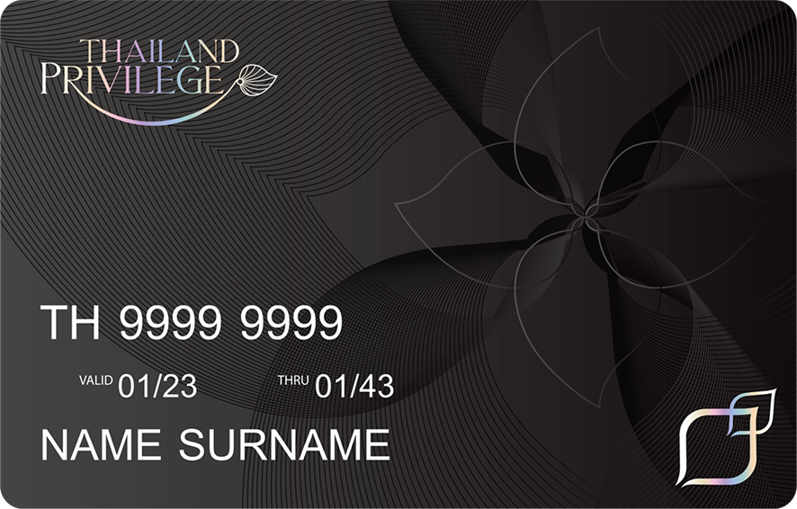 Thailand Privilege card with abstract black background, card number TH 9999 9999, valid from 01/23 to 01/43, and placeholder name surname.