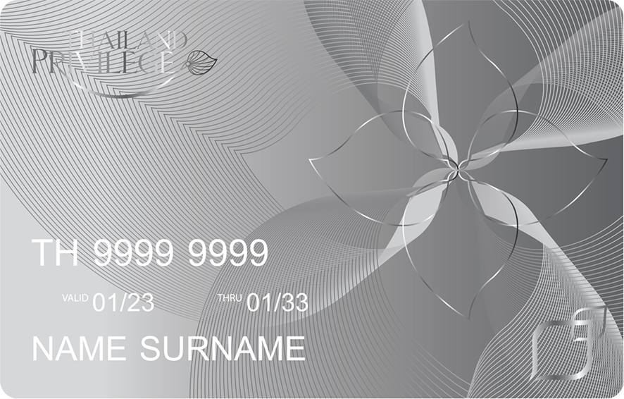 Thailand Prestige platinum credit card with abstract wave and flower design, showing placeholder card number, validity dates, and name surname.