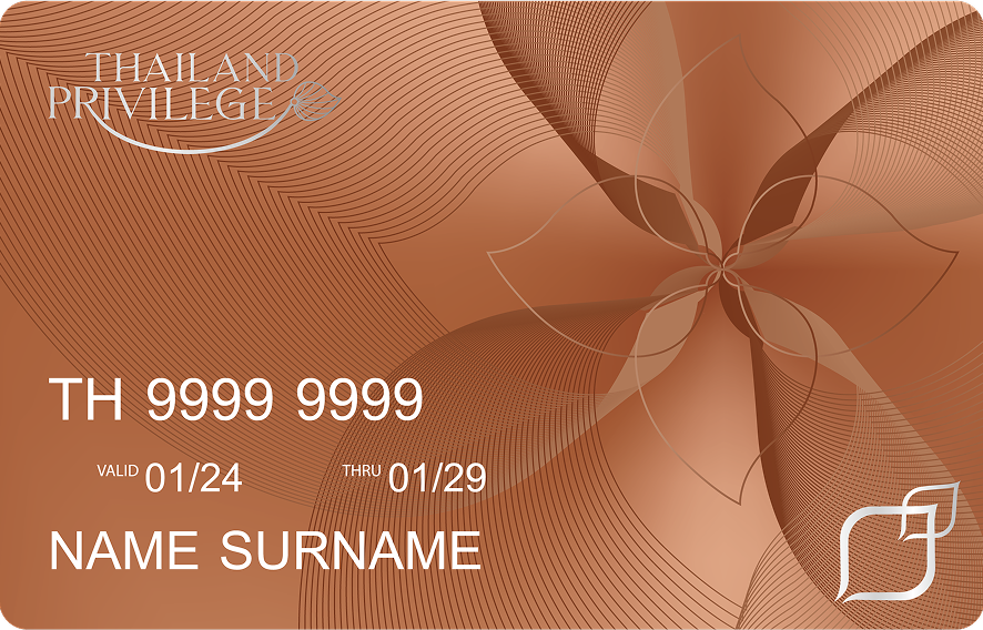 Bronze Thailand Privilege card featuring abstract wave and flower line art, card number TH 9999 9999, valid dates 01/24 to 01/29, and placeholder text for name.