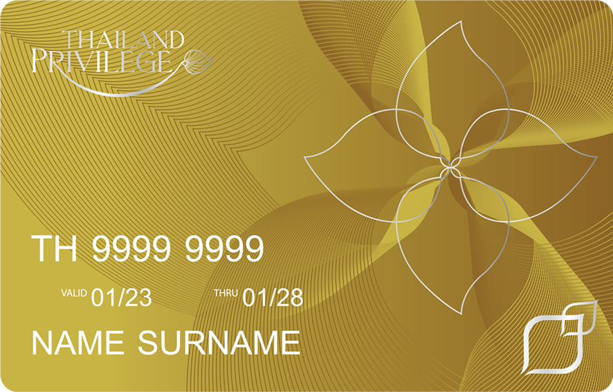 Gold Thailand Privilege card with abstract floral design, card number, validity dates, and placeholder name.