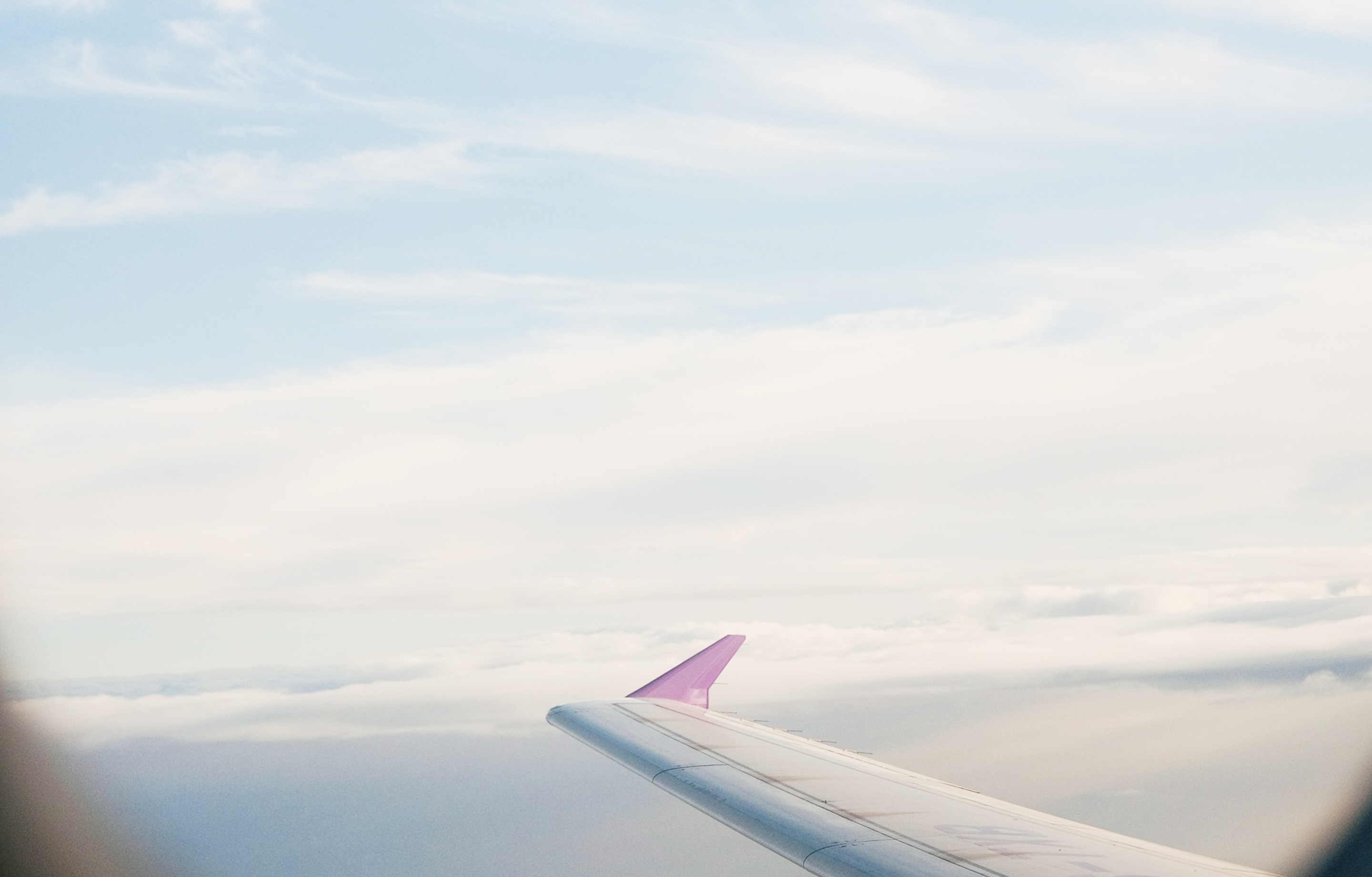 View of an airplane wing with a purple wingtip against a cloudy sky.