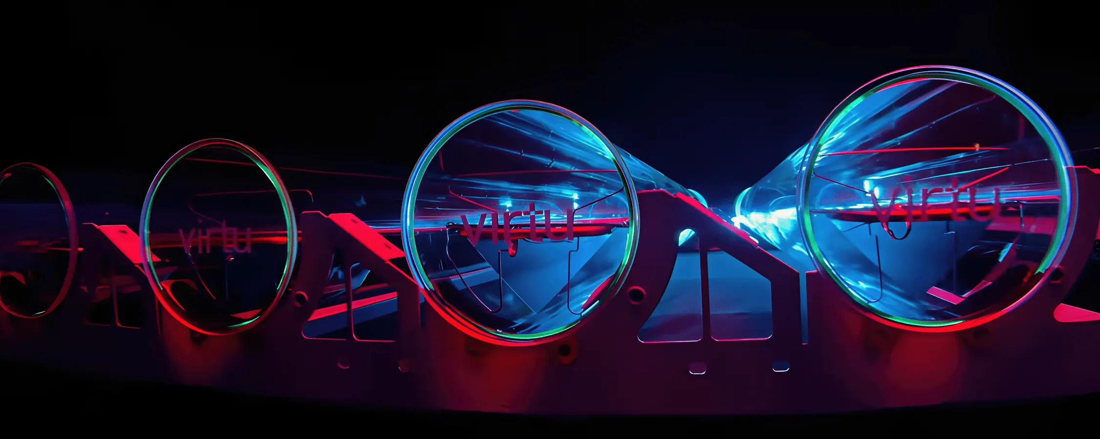 Close-up of a futuristic device with transparent circular lenses labeled 'virtu,' illuminated by blue and red lighting against a black background.