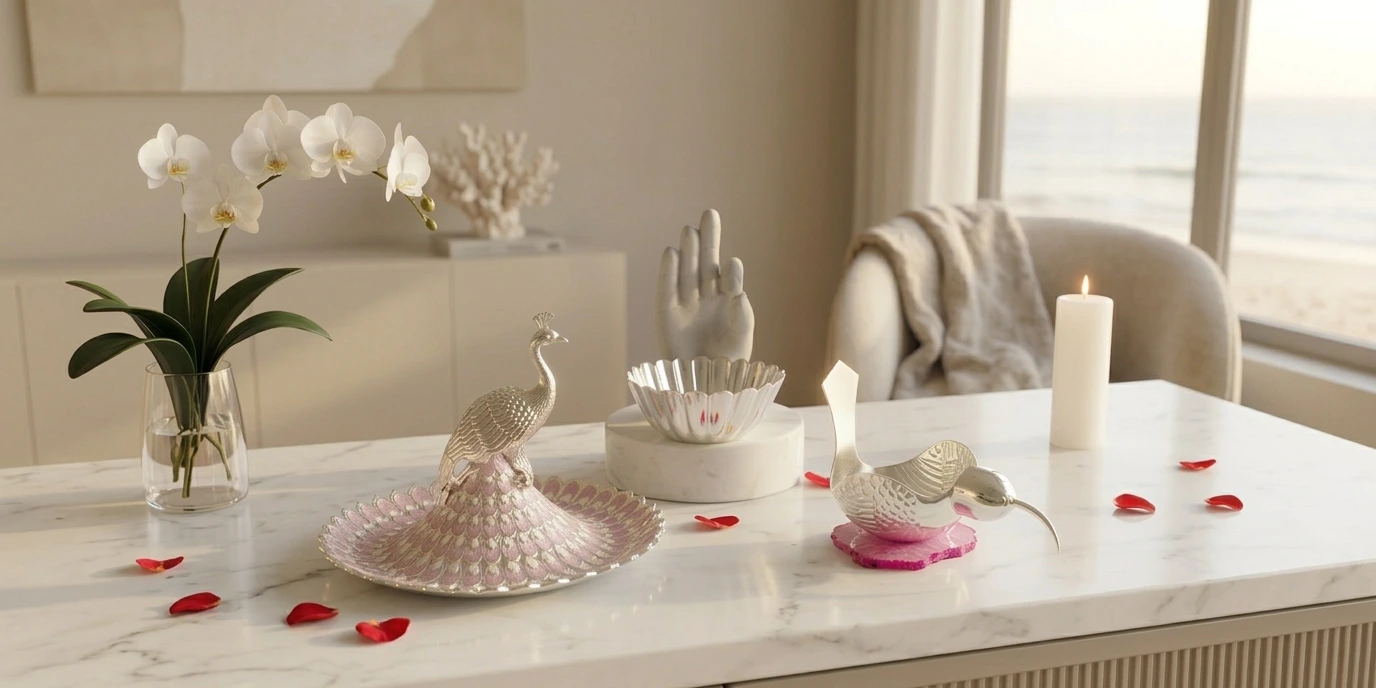 Marble tabletop displaying decorative silver peacock and bird sculptures, a white orchid in a glass vase, a lit candle, scattered red rose petals, and a sculpture of a hand.