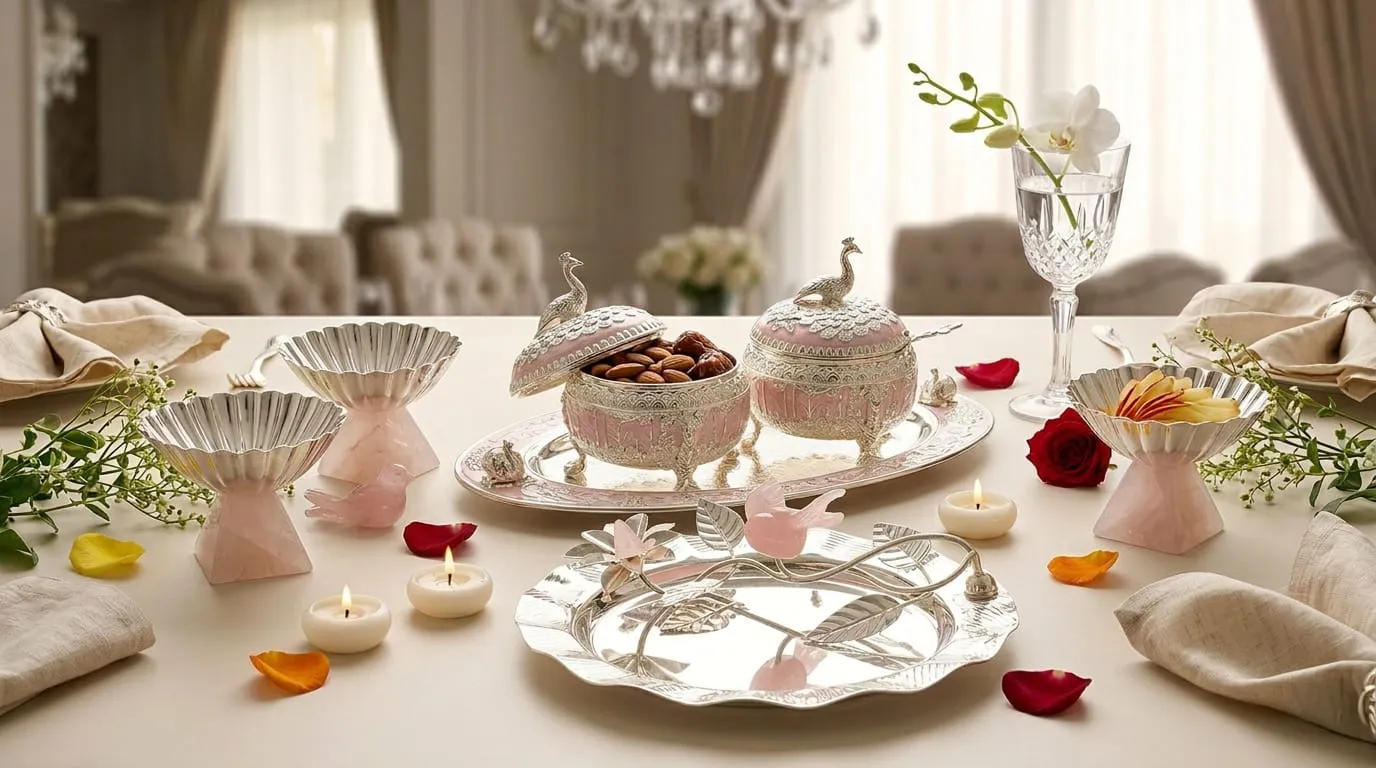 Elegant table setting with silver and pink decorative serveware, including covered bowls with nuts, a tray, floral napkin rings, tea candles, rose petals, and a glass with a white orchid.