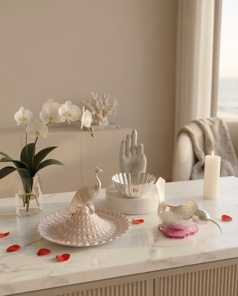 Marble tabletop displaying decorative silver peacock and bird sculptures, a white orchid in a glass vase, a lit candle, scattered red rose petals, and a sculpture of a hand.